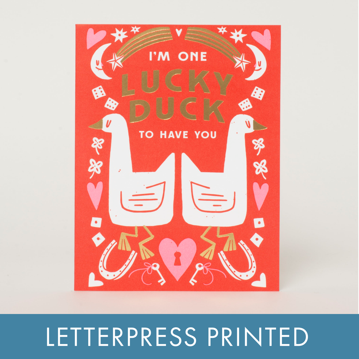 Lucky Duck Love Letterpress Greeting Card by Hello!Lucky: Plastic sleeve