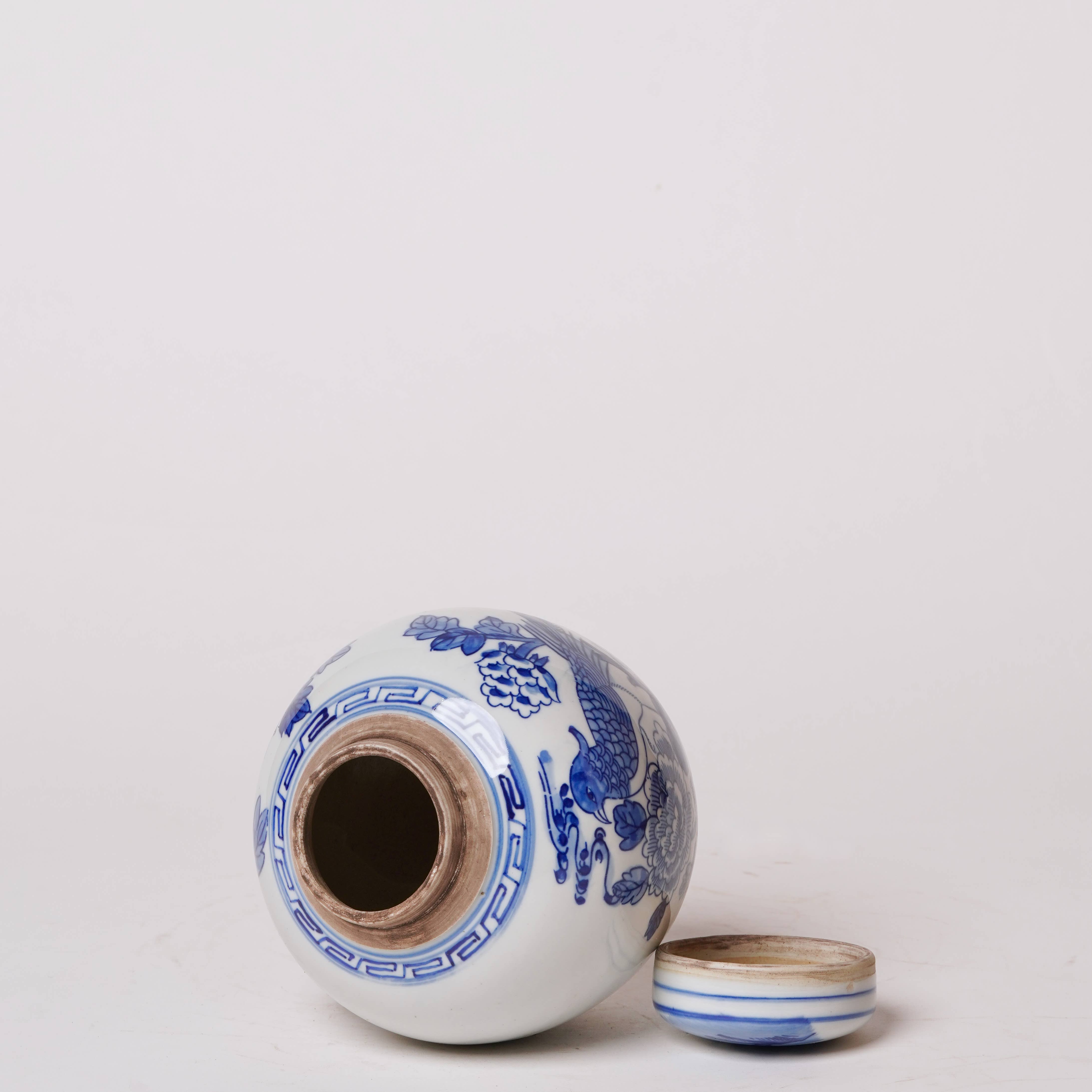 Blue and White Porcelain Golden Pheasant Round Storage Jar
