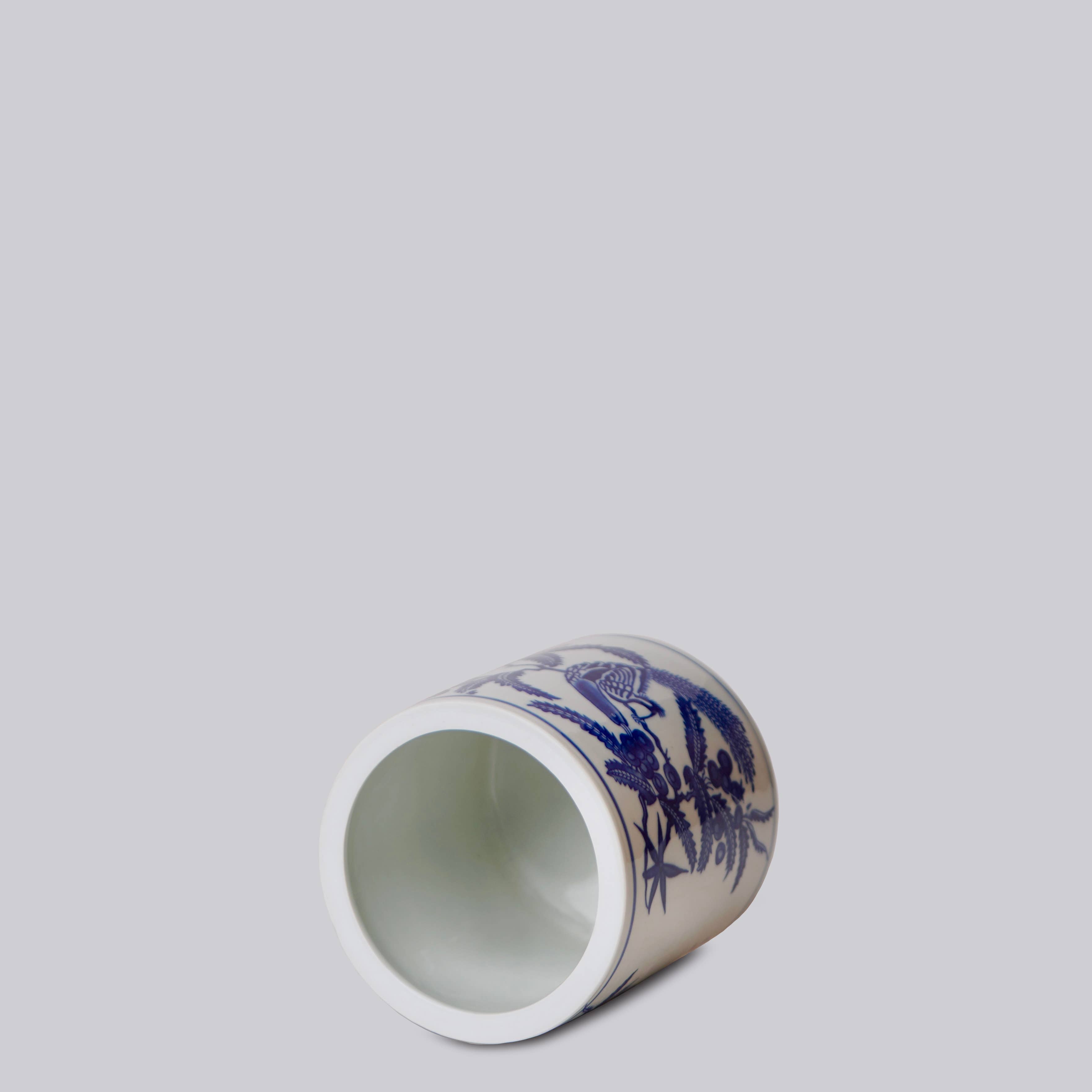 Tiny Blue and White Porcelain Bird and Flower Cachepot