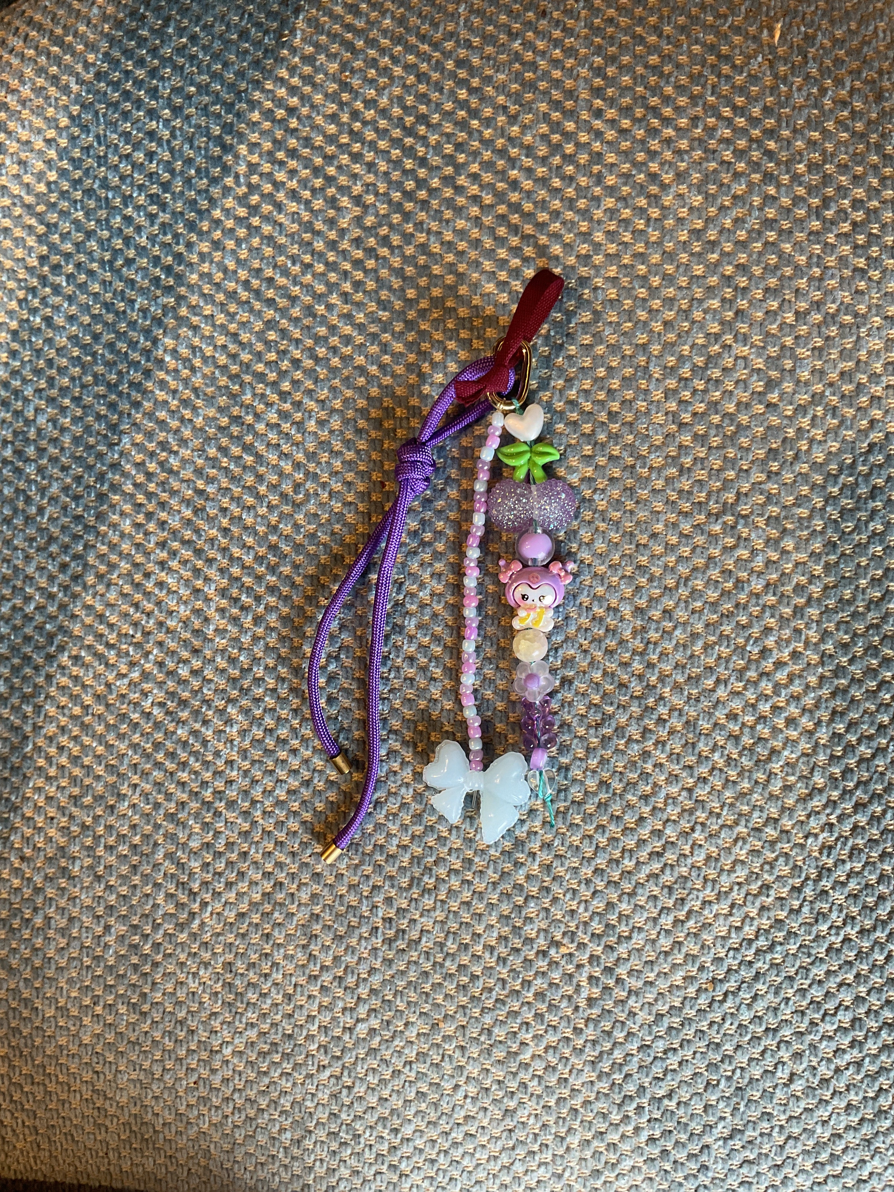 Sweet and Kind Bag Charm 3 bead strands- purple paracord blue bow
