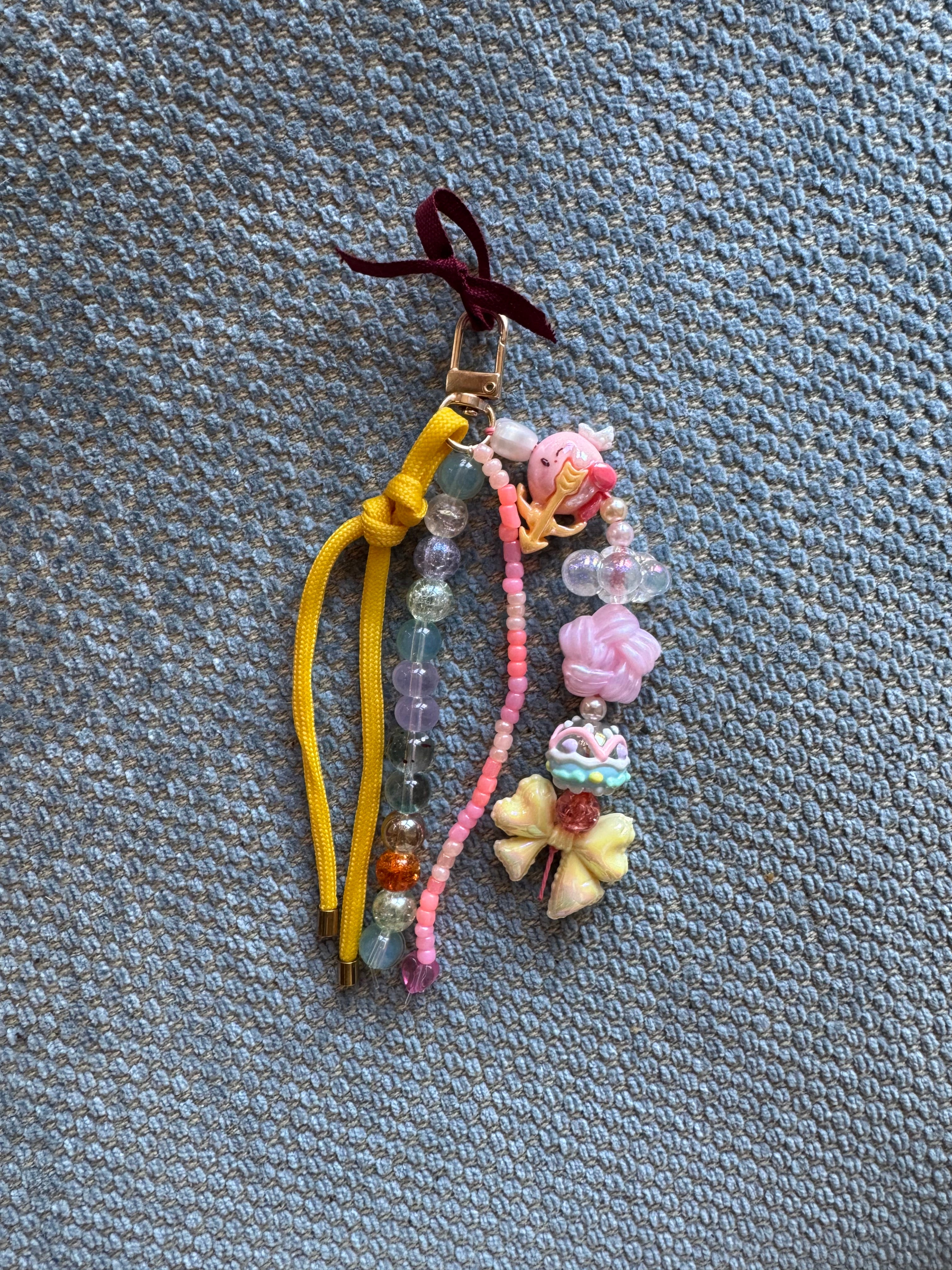 Sweet and Kind Bag Charm 3 bead strands - yellow bow and cord