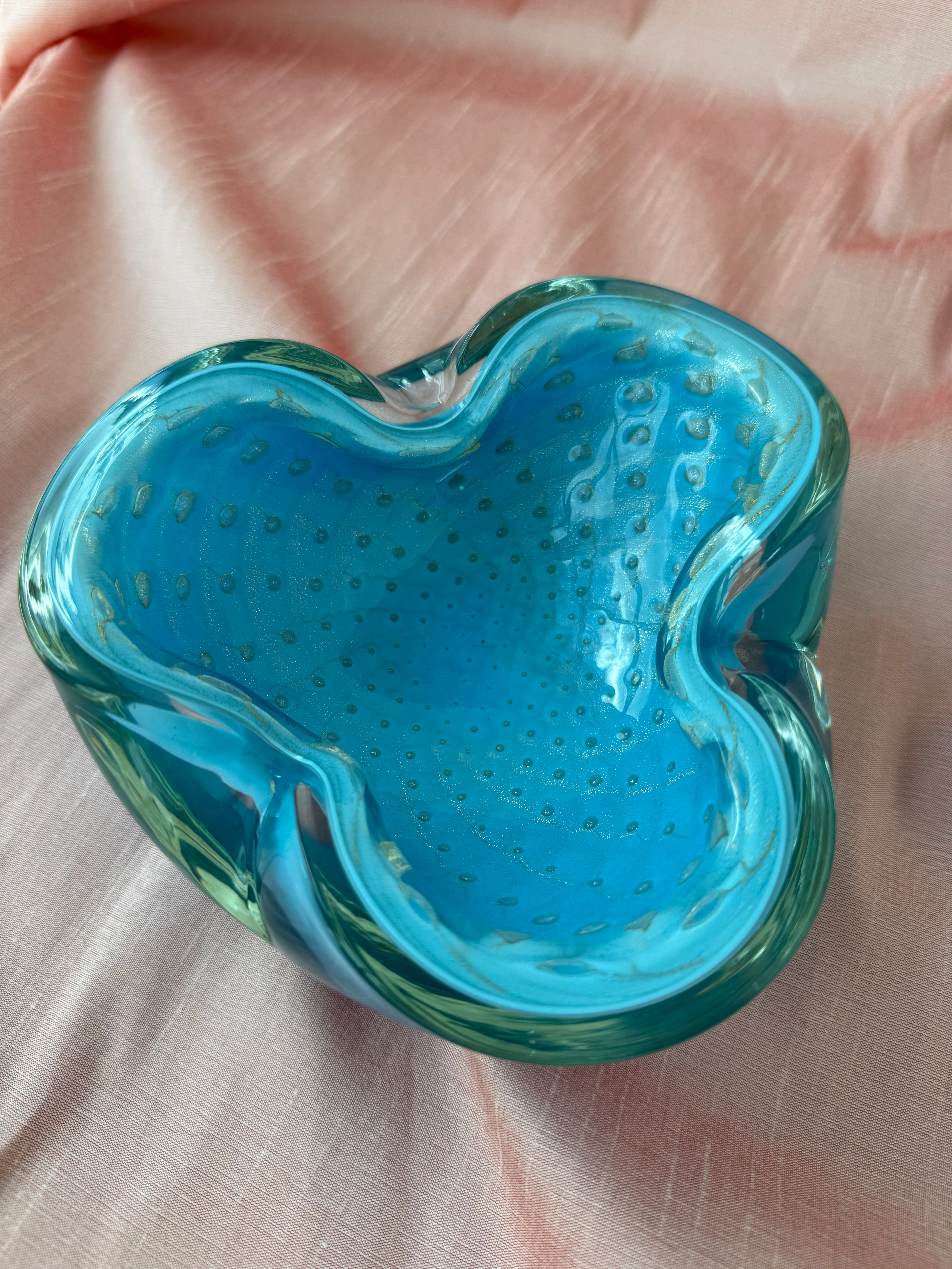 Murano Handblown Bullicante Glass Bowl - Soft Aqua