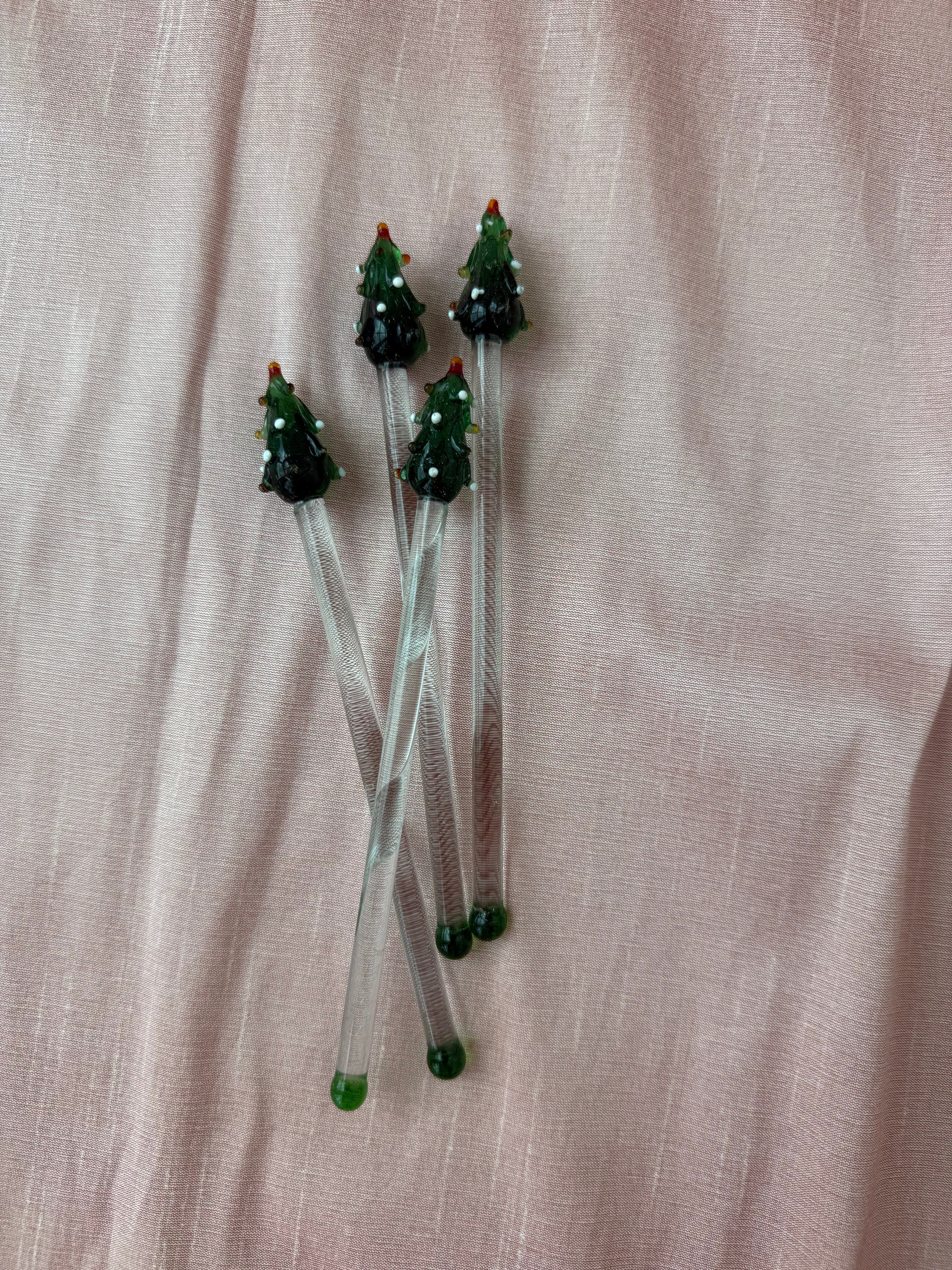 Blown Glass Christmas Tree Cocktail Stirrers - Set of 4