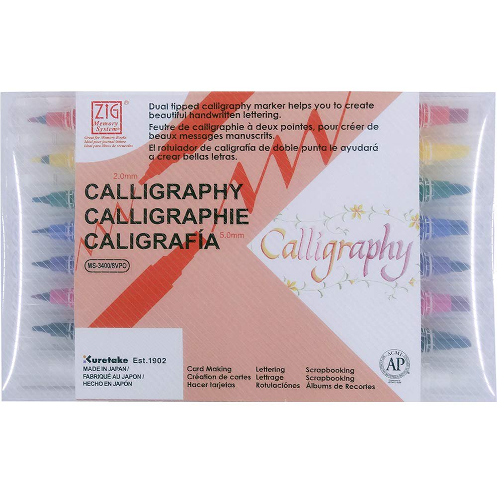 Kuretake ZIG CALLIGRAPHY Pens, 7 Colors and Blender set, 2mm & 5mm Dual Tip Markers