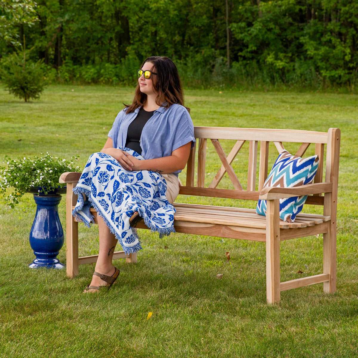 59-Inch Cross-Back Teak Patio Garden Bench with Backrest