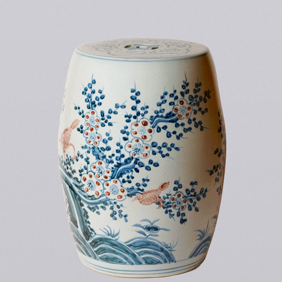 Red and Blue Porcelain Bird and Flower Garden Seat
