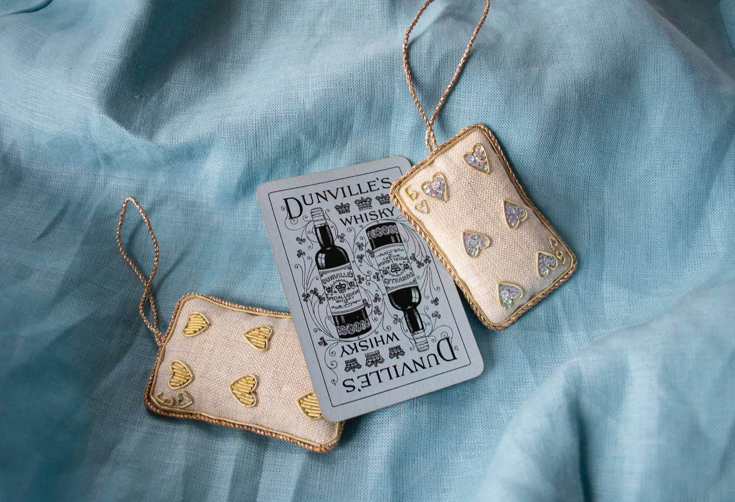 Handmade Valentine's Day Playing Card in Irish Linen: Gold hearts