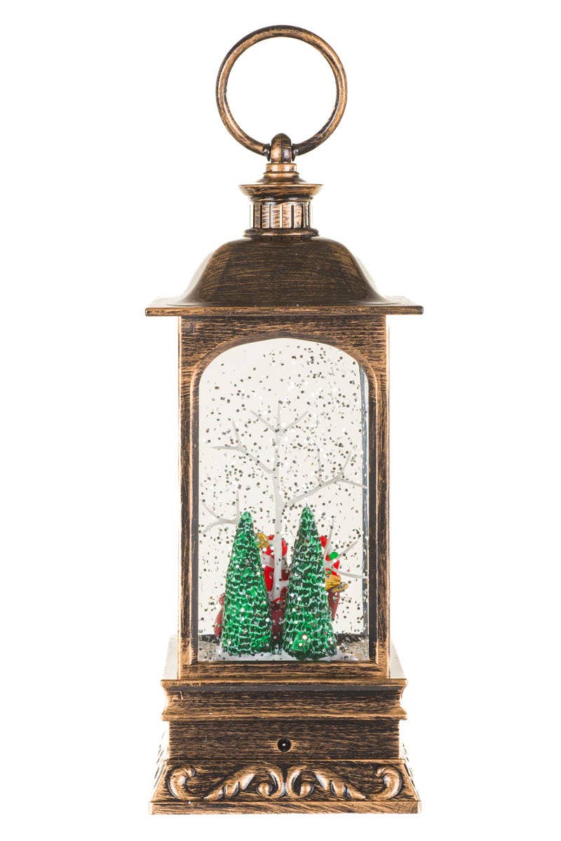 NEW-Bronze Led Lantern Snow Globe With Santa In Sleigh