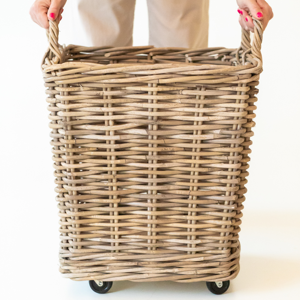 Rattan Square Storage Basket on Wheels: XLarge - 27" H