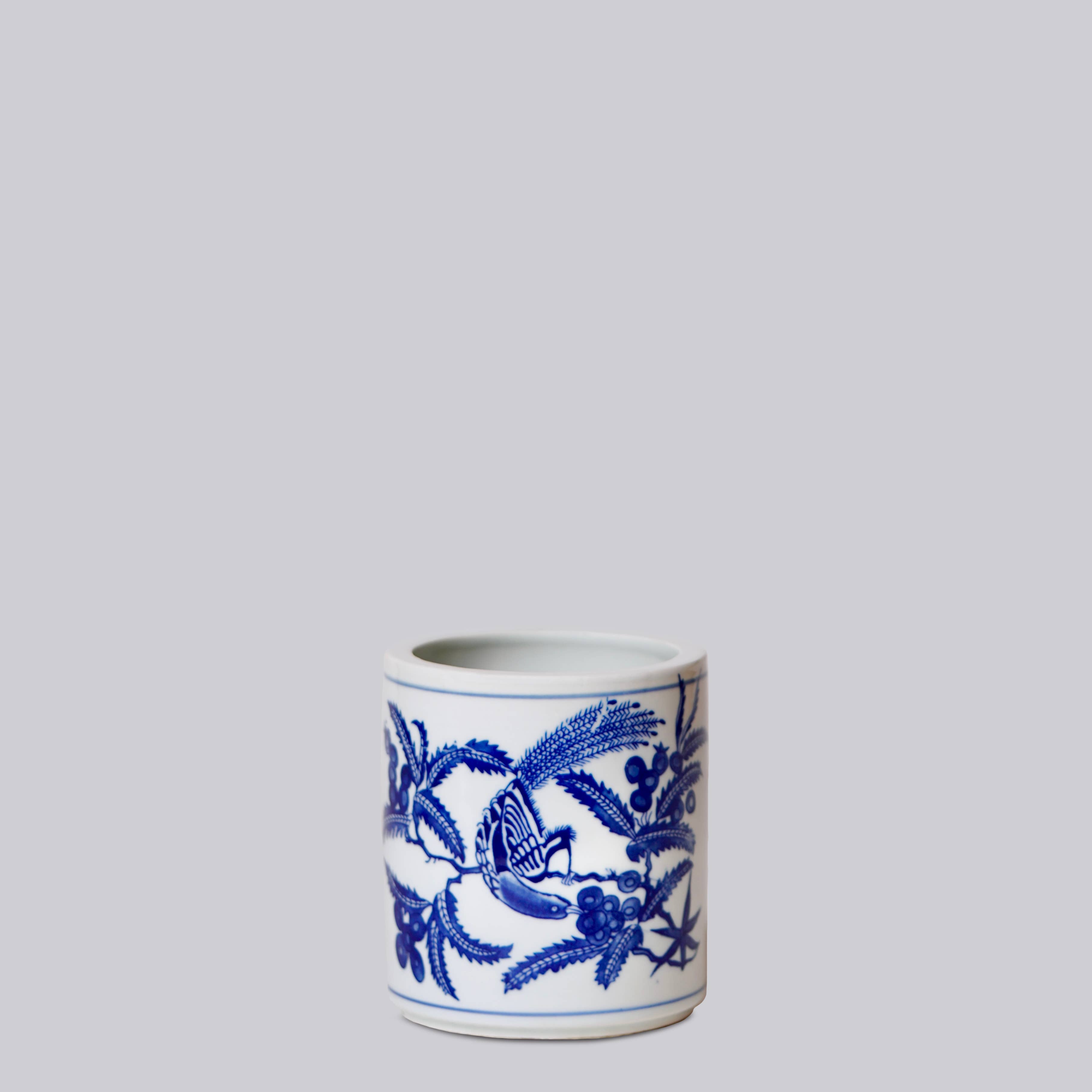 Tiny Blue and White Porcelain Bird and Flower Cachepot