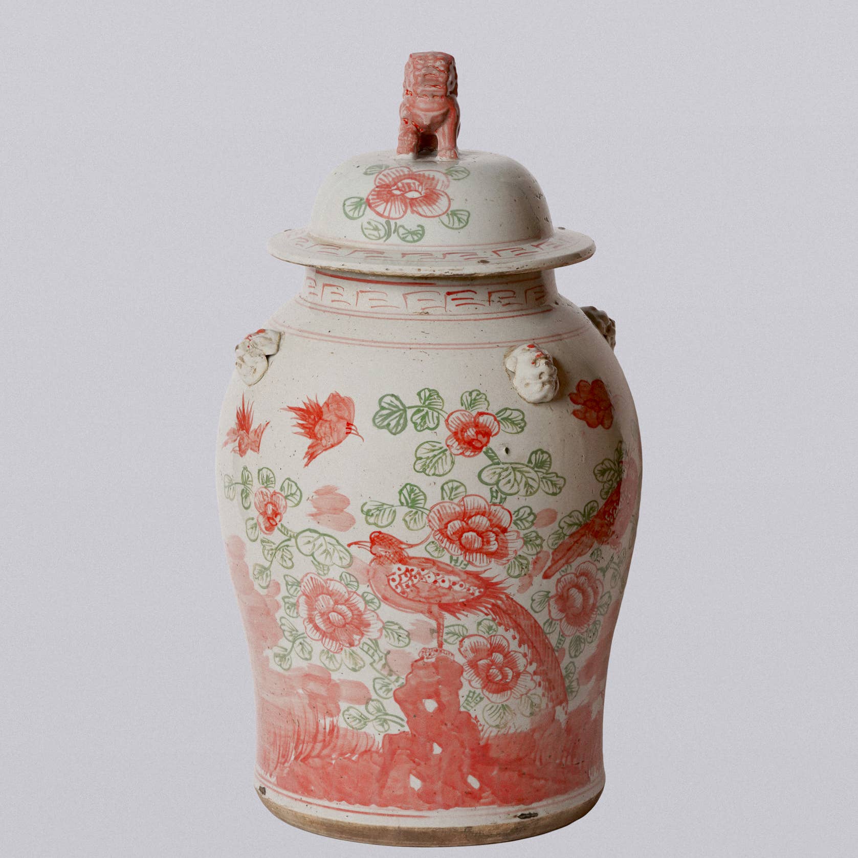 Extra Large Pink & Green Porcelain Bird & Flower Temple Jar