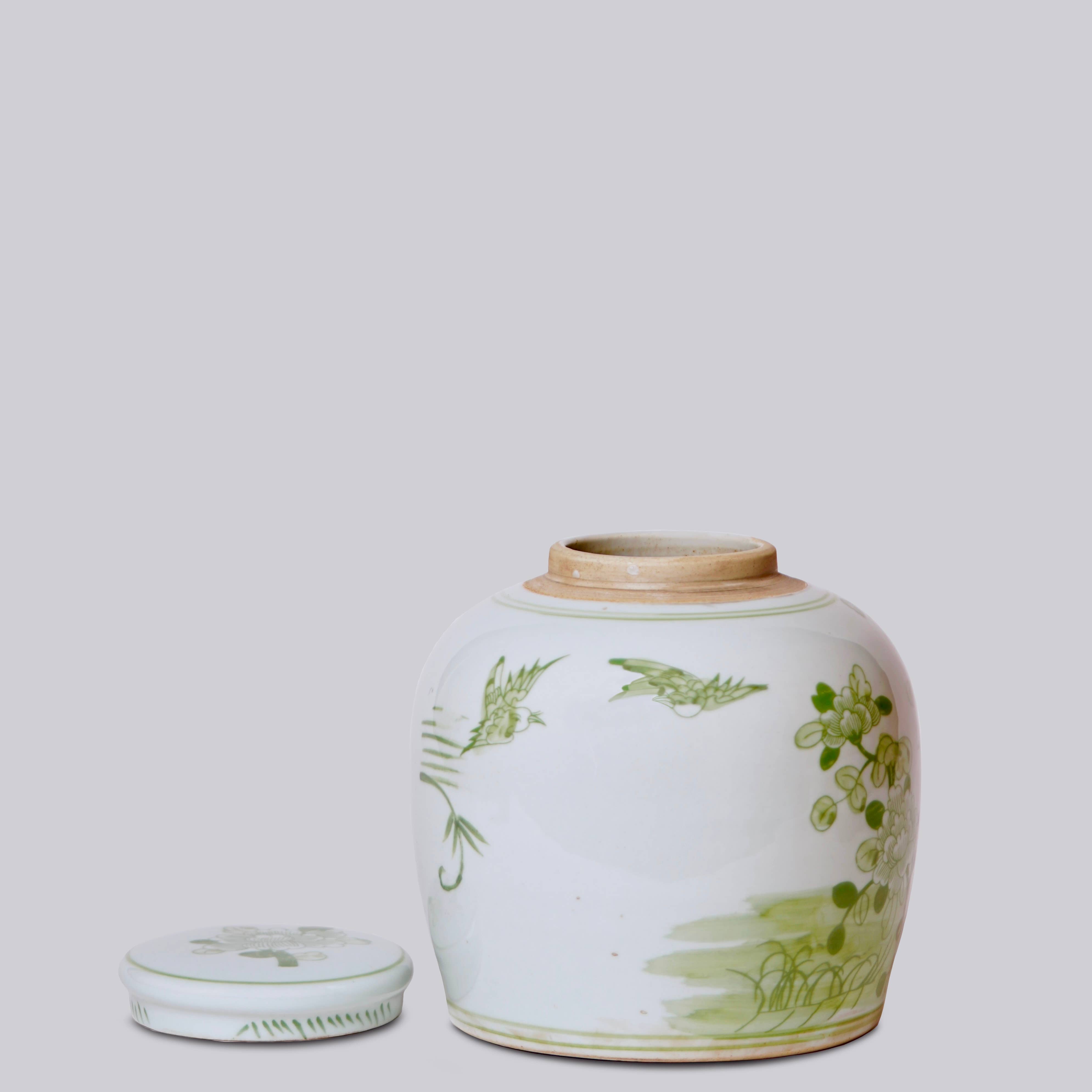 Bird and Flower Green and White Porcelain Jar