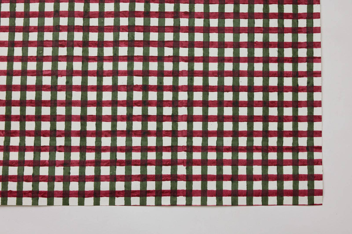 Block Printed Wrapping Paper Sheets - Gingham Holly Green