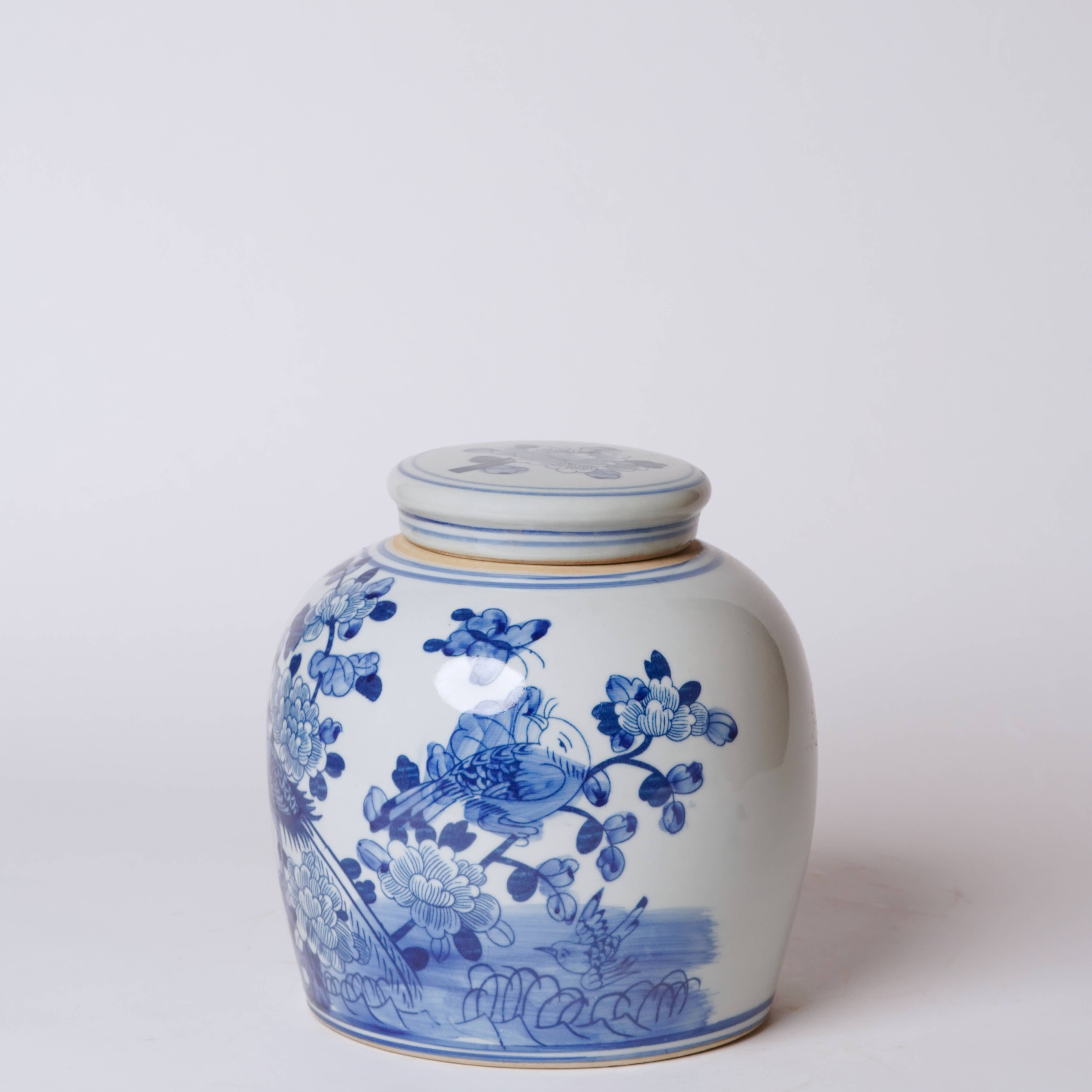 Blue and White Porcelain Bird and Flower Round Jar