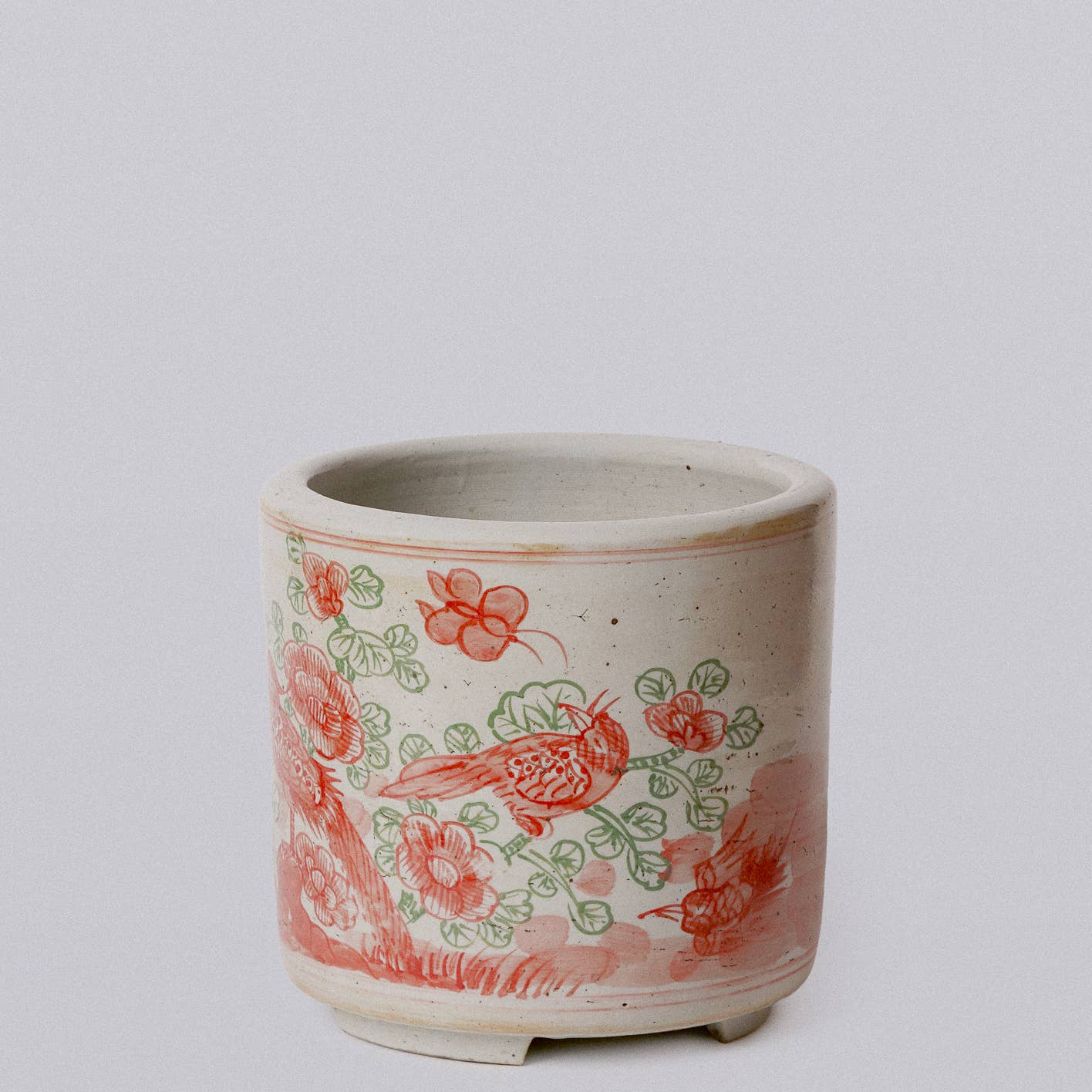 Pink and Green Porcelain Bird and Flower Footed Cachepot