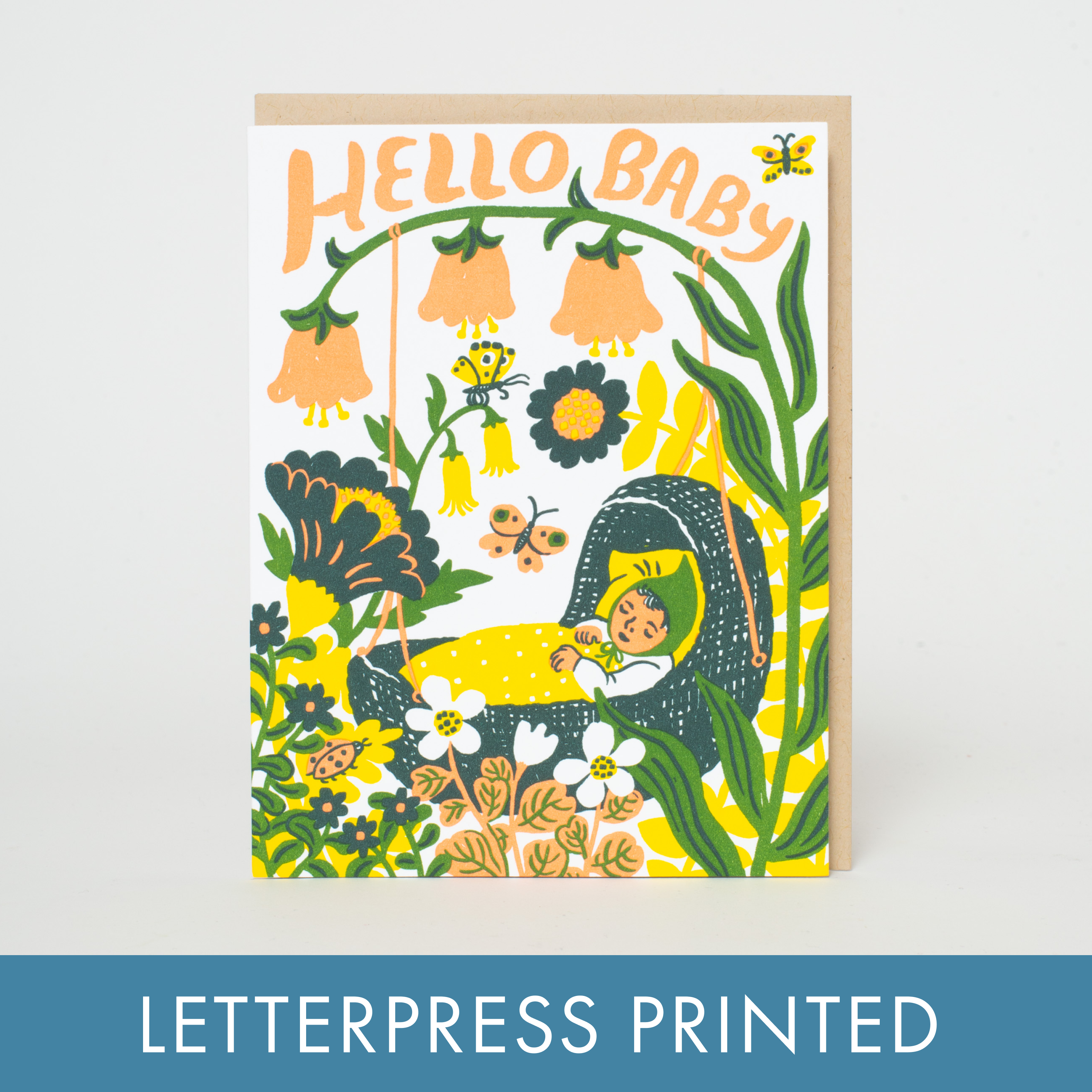 Hello Baby Bassinet (Yellow) Letterpress Greeting Card by Phoebe Wahl: Plastic sleeve