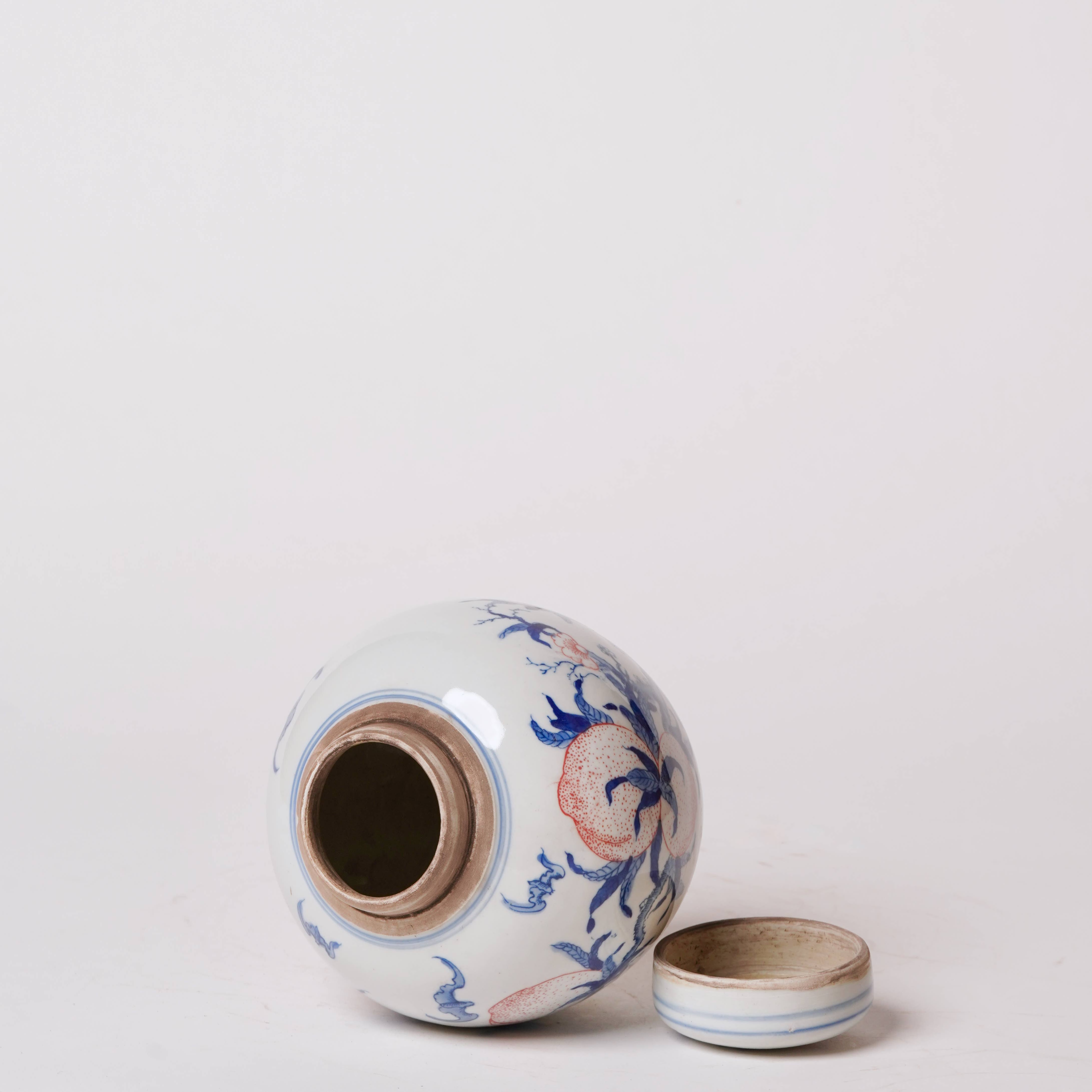Red and Blue Porcelain Peach Round Storage Jar