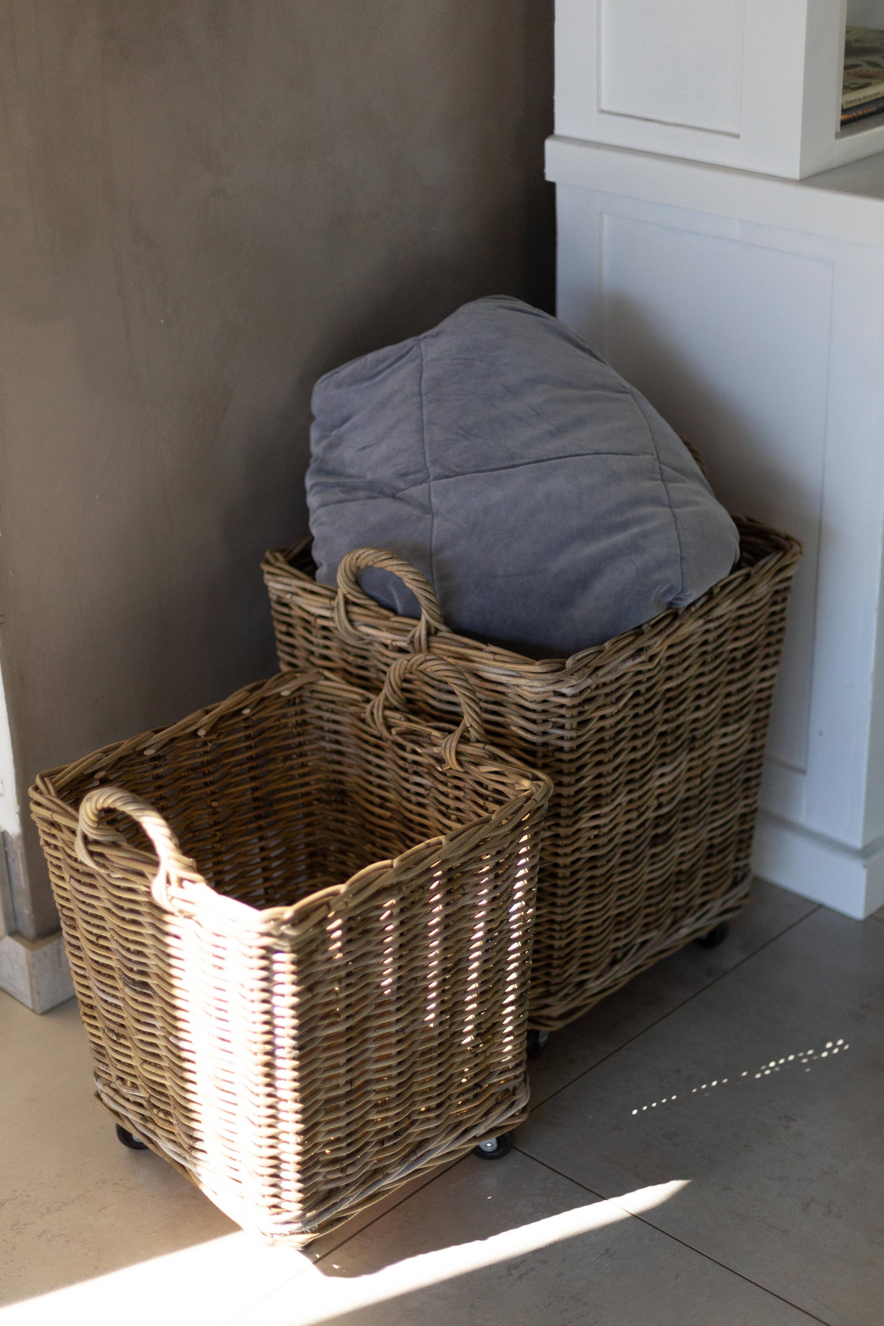Rattan Square Storage Basket on Wheels: Medium - 19" H