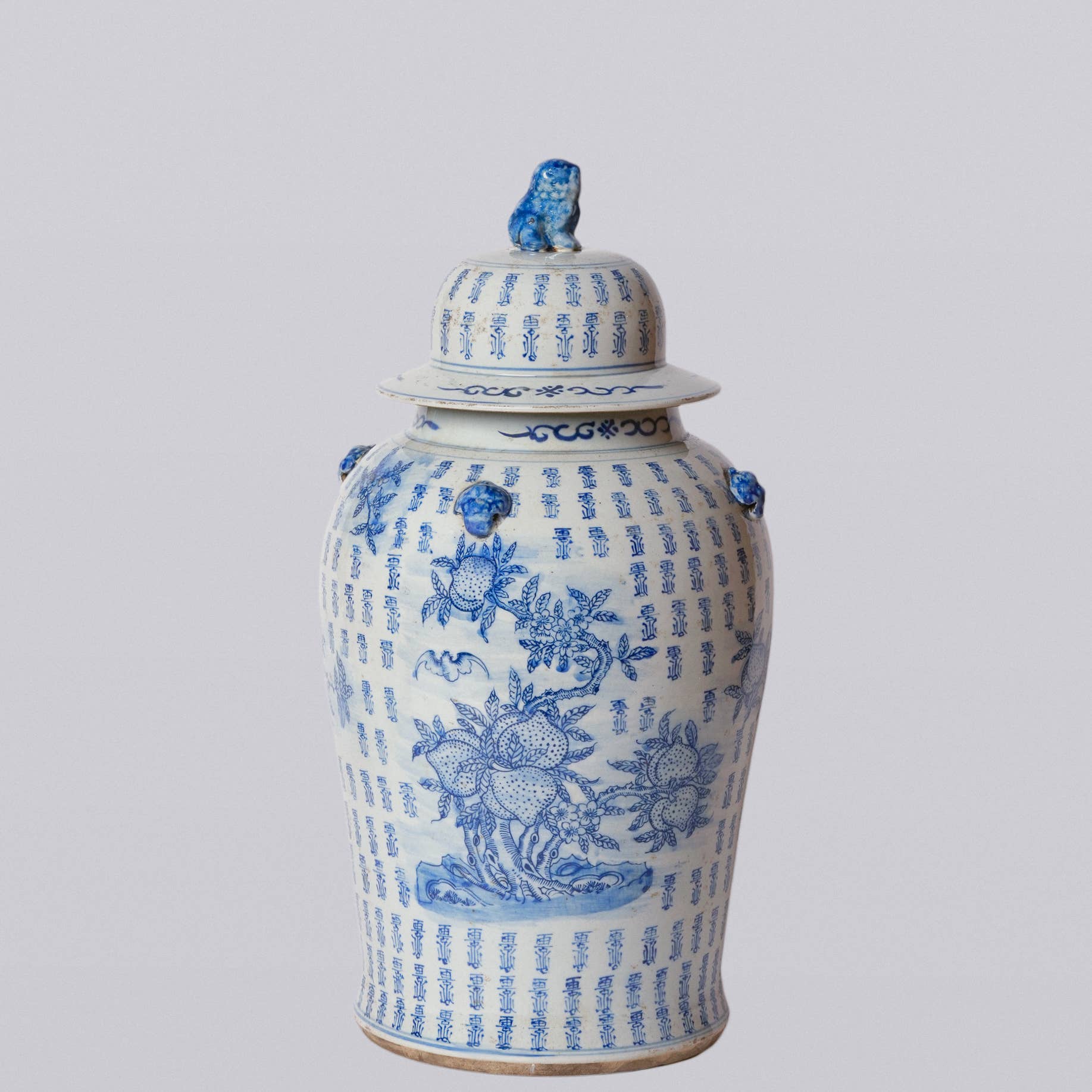 Blue and White Longevity and Peaches Porcelain Temple Jar