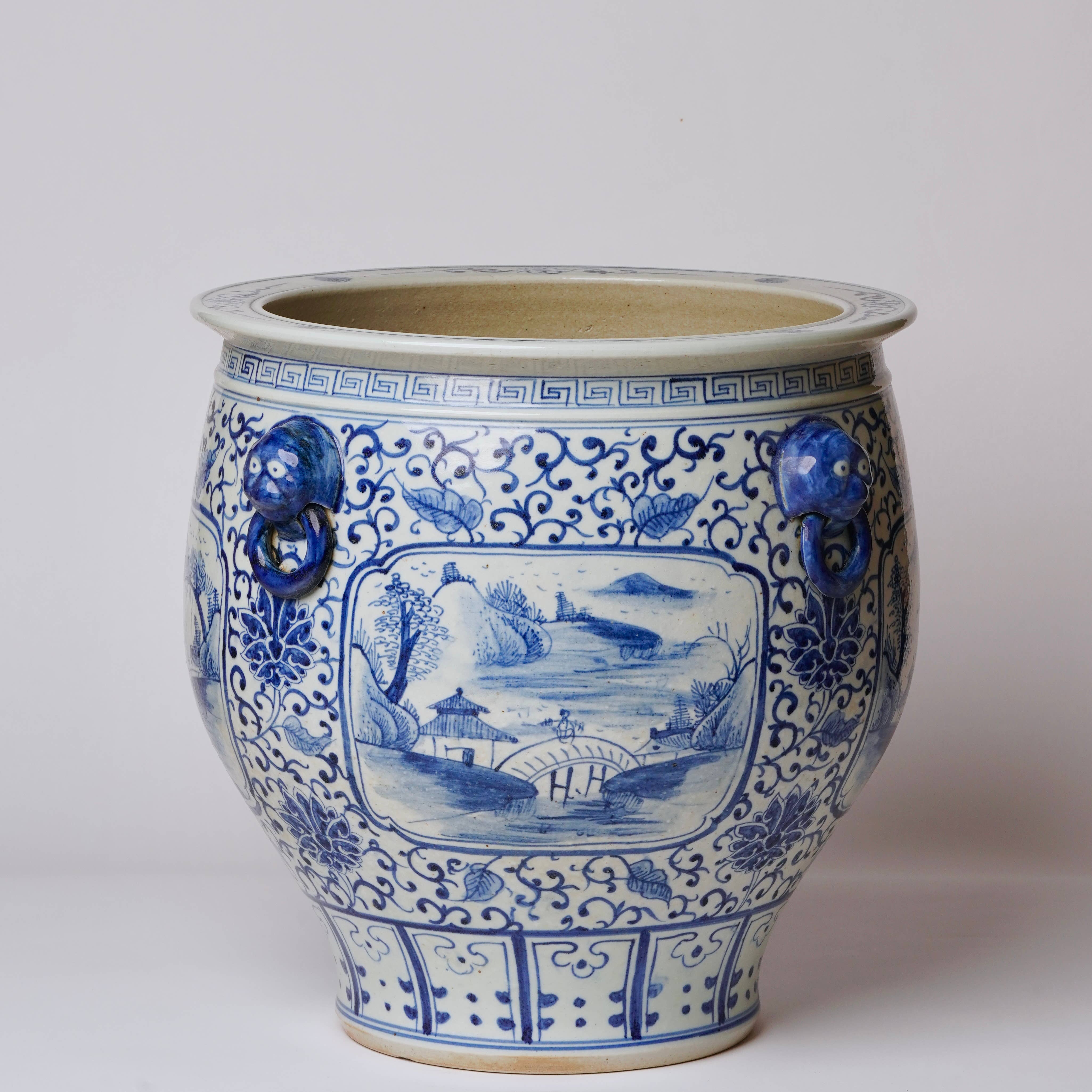 Blue and White Landscape Cartouche Porcelain Planter