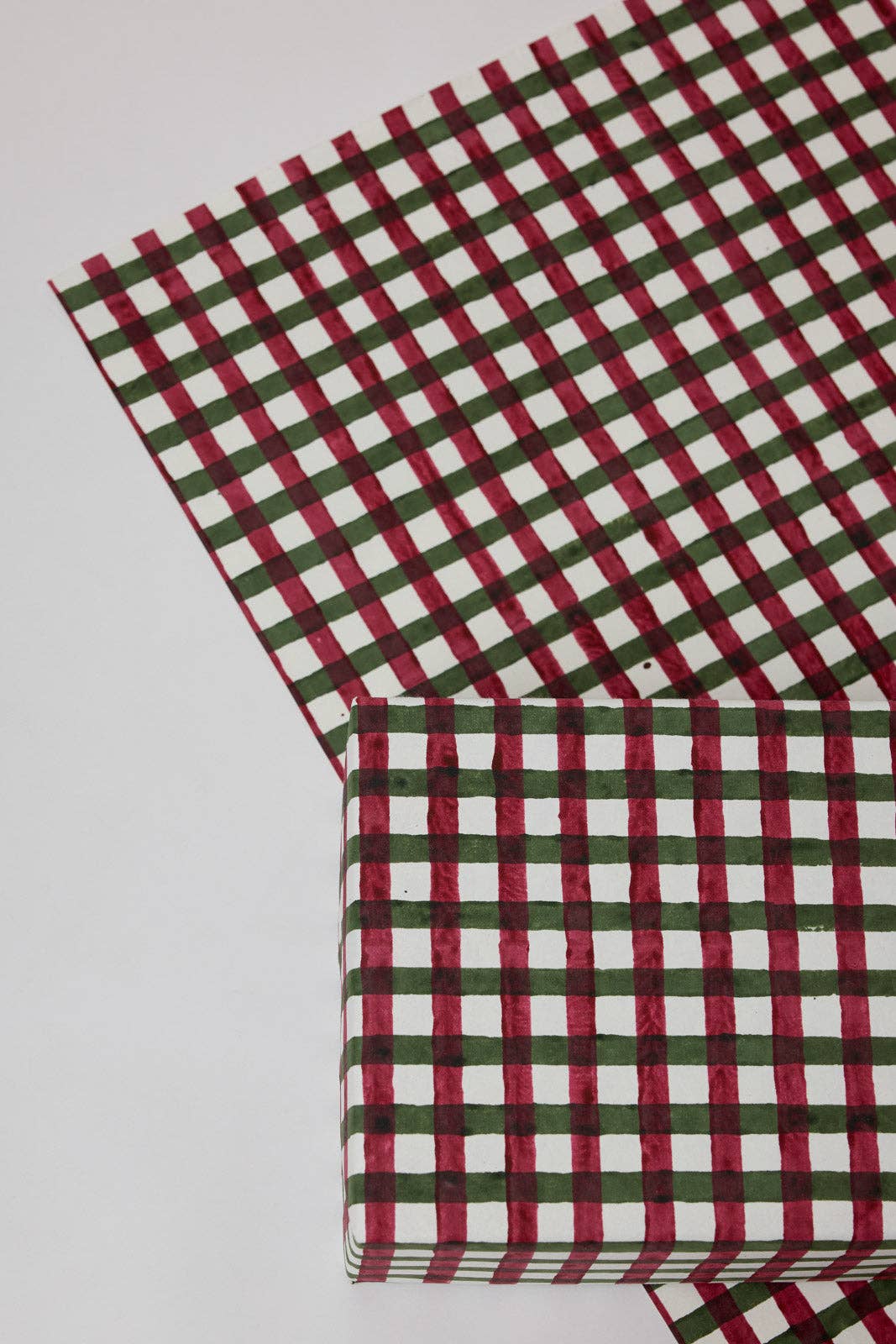 Block Printed Wrapping Paper Sheets - Gingham Holly Green