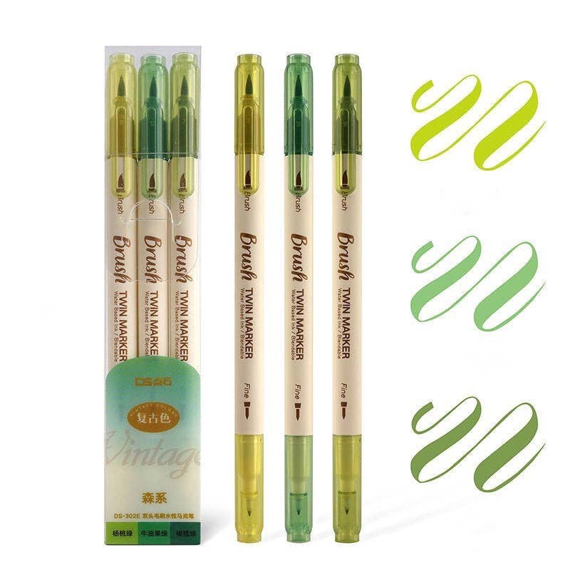 Brush Twin Marker Pen Set|Double-Side Pen set|Calligraphy Pen| Hand Lettering: Green set