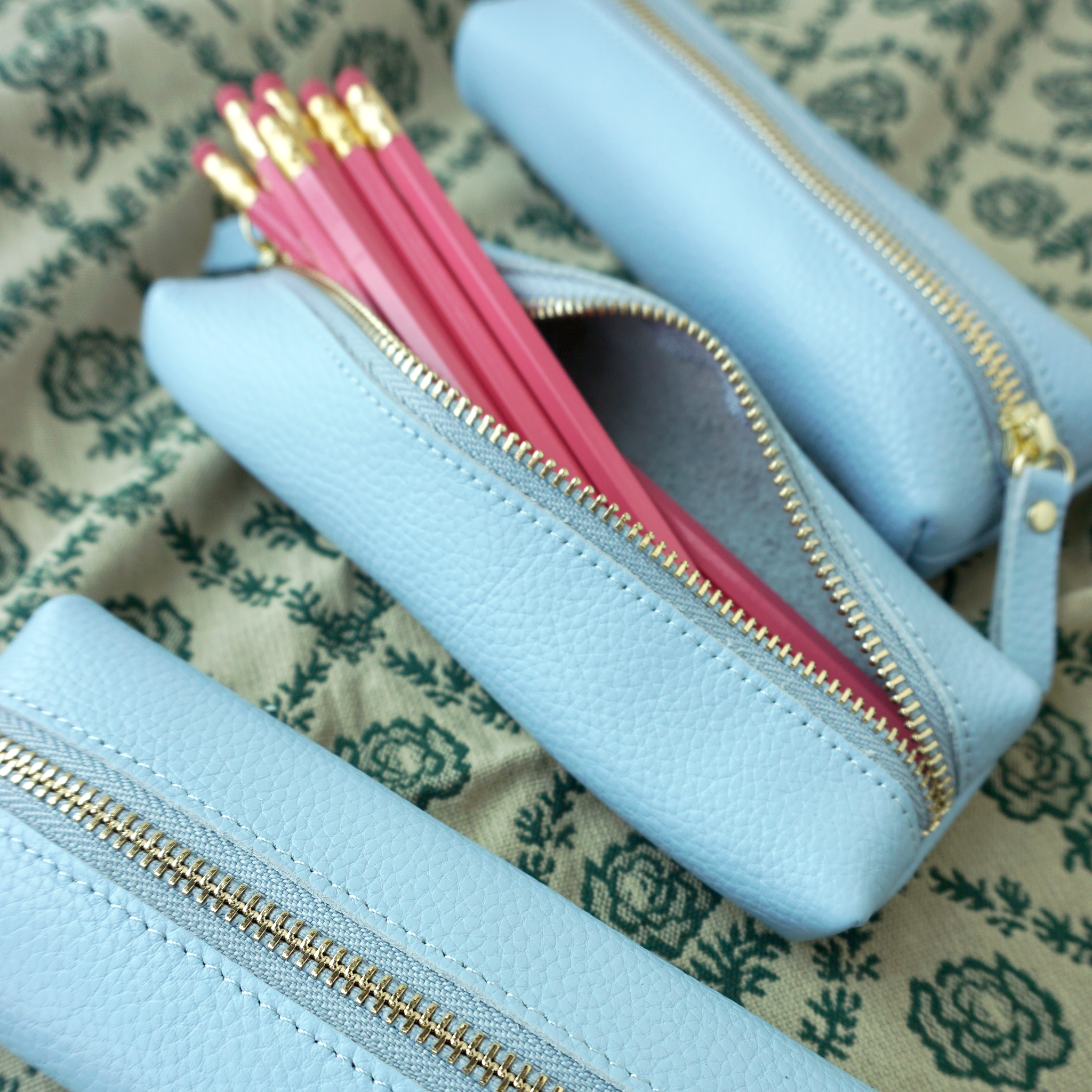 Customizable Genuine Pebble Leather Pencil Pouch - Powder Blue