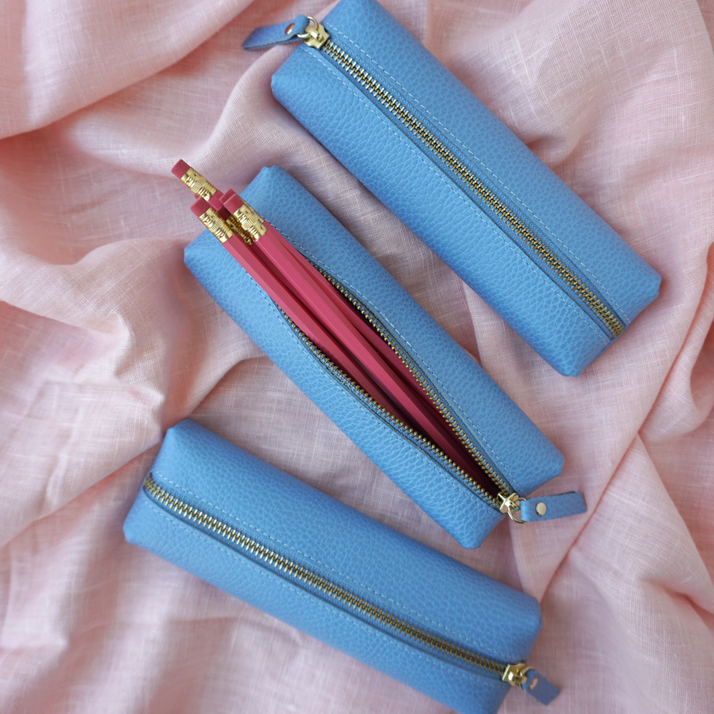 Customizable Genuine Pebble Leather Pencil Pouch - Light Blue