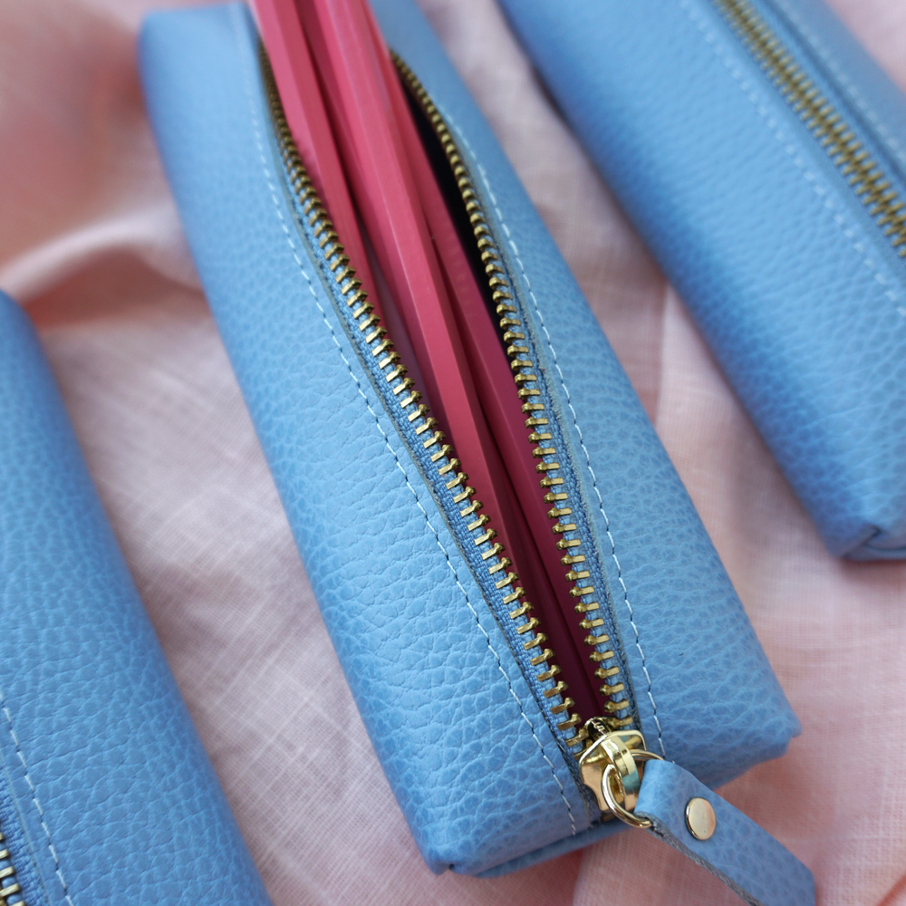 Customizable Genuine Pebble Leather Pencil Pouch - Light Blue