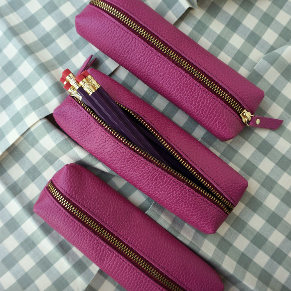 Customizable Genuine Pebble Leather Pencil Pouch - Hot Pink