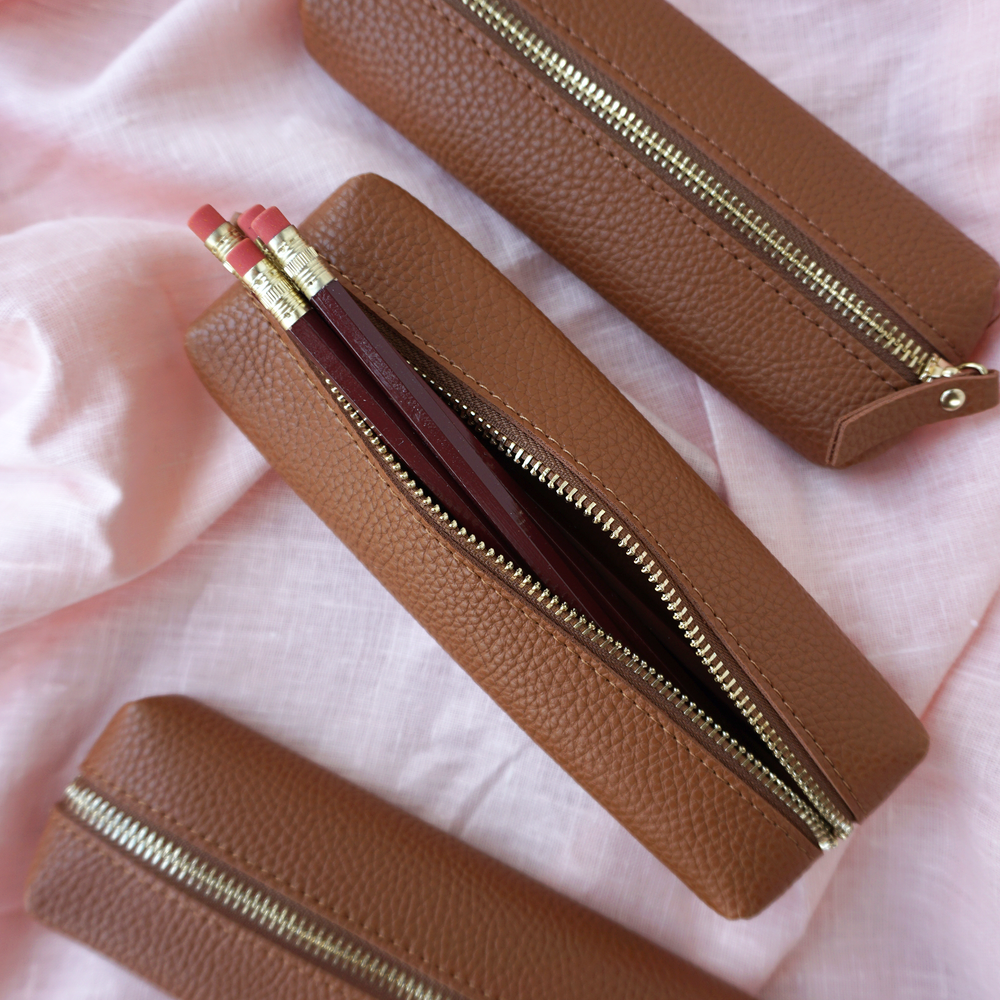 Customizable Genuine Pebble Leather Pencil Pouch - Camel