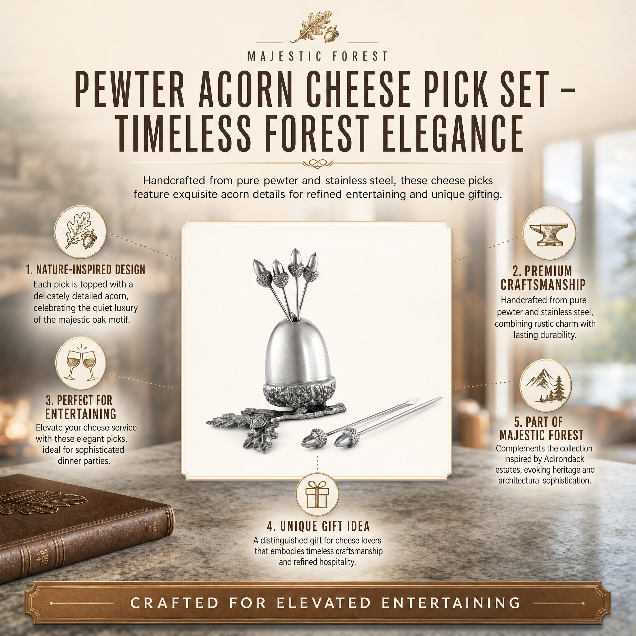 Pewter Acorn Cheese Pick Set