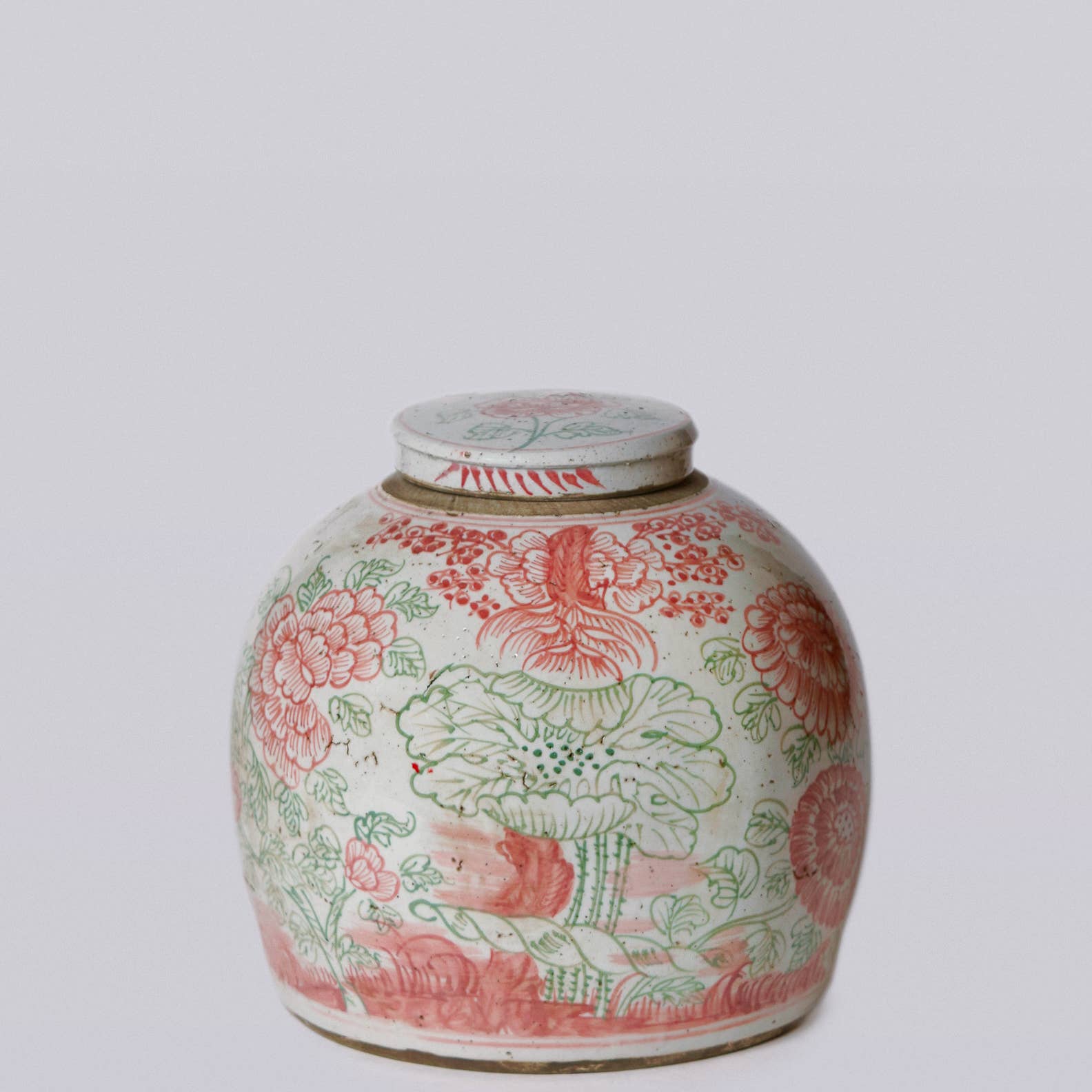 Pink and Green Porcelain Rustic Four Seasons Lidded Jar: Medium