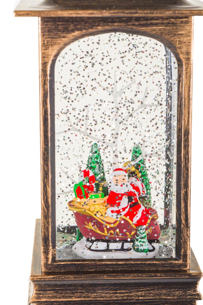 NEW-Bronze Led Lantern Snow Globe With Santa In Sleigh
