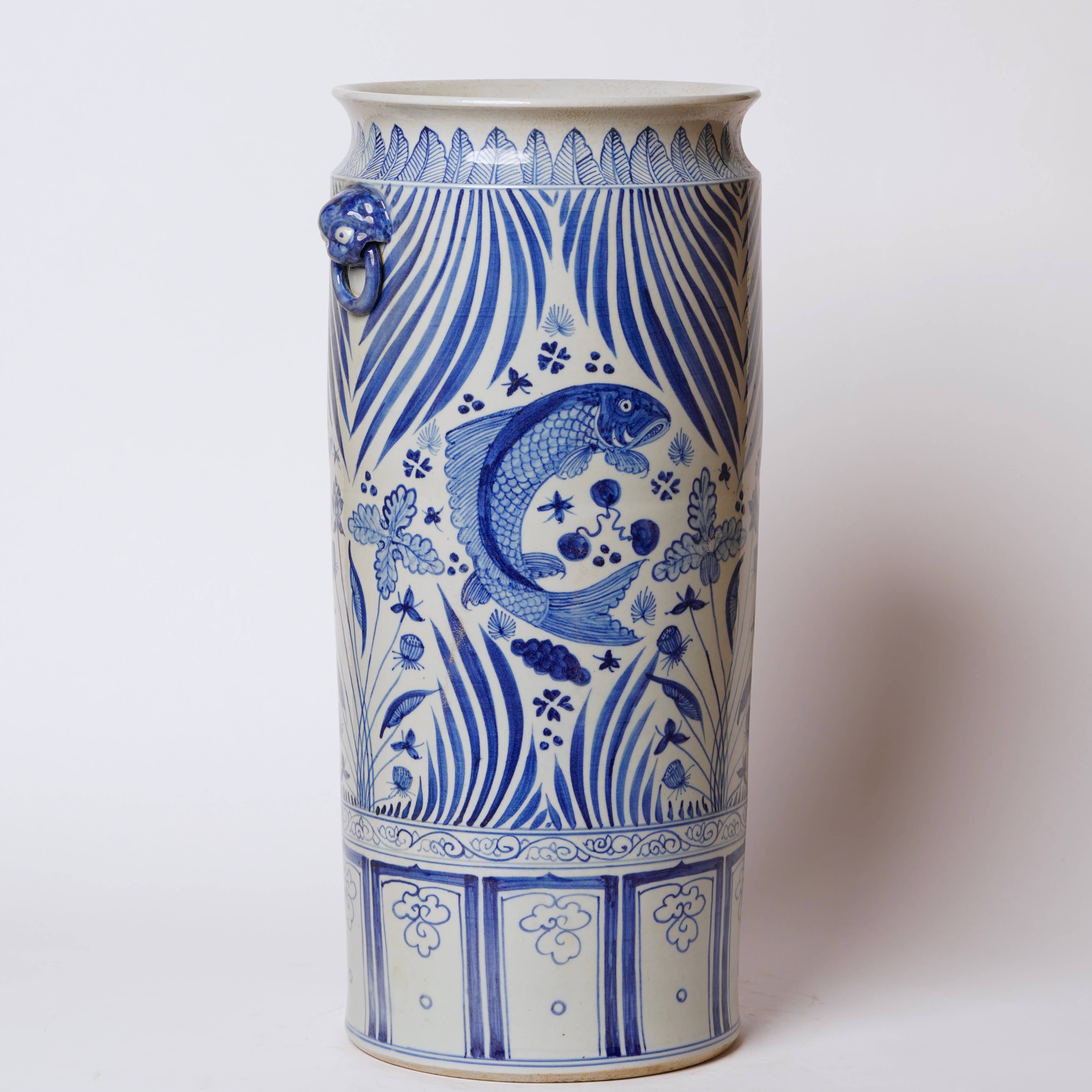 Tall Blue and White River Fish Porcelain Umbrella Stand