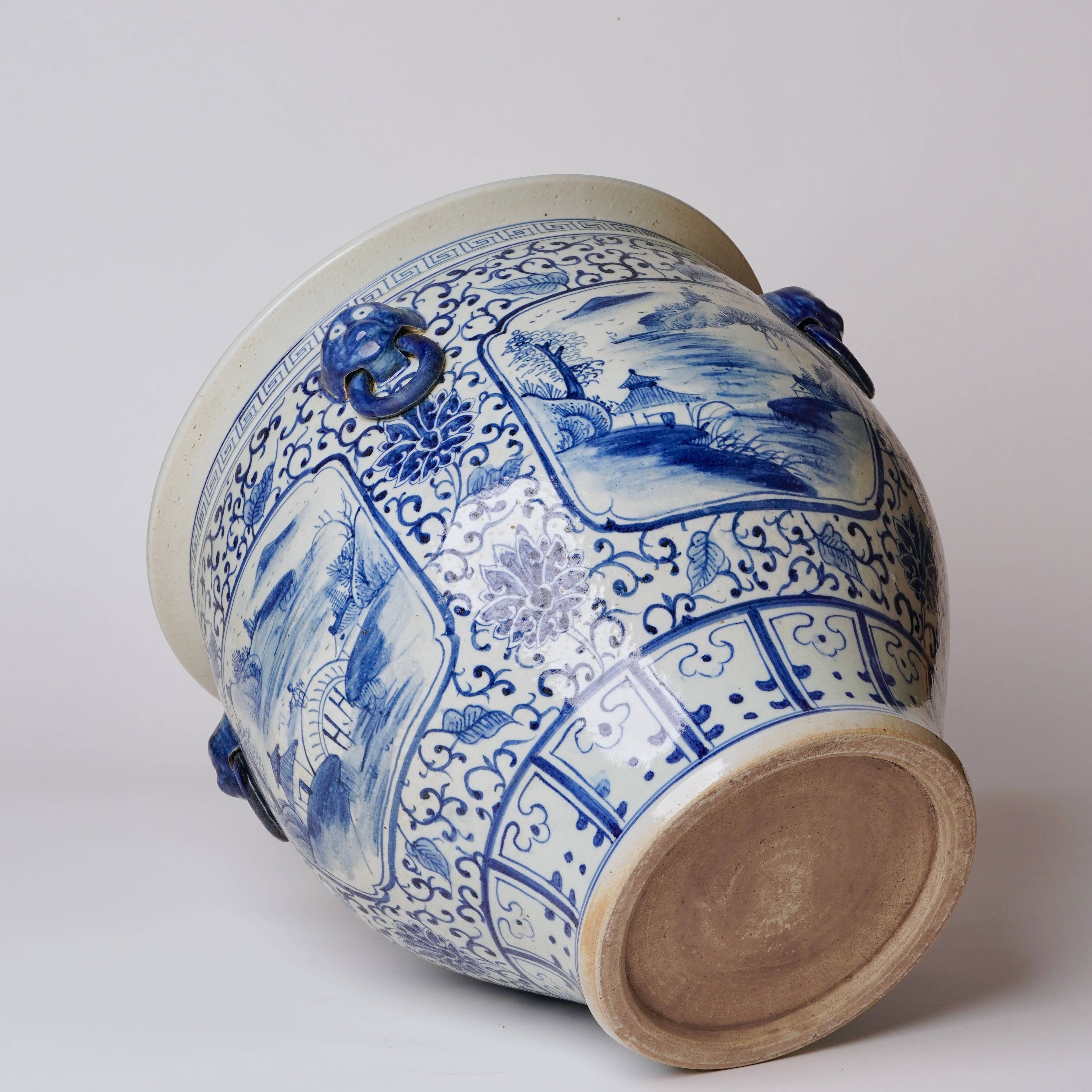 Blue and White Landscape Cartouche Porcelain Planter