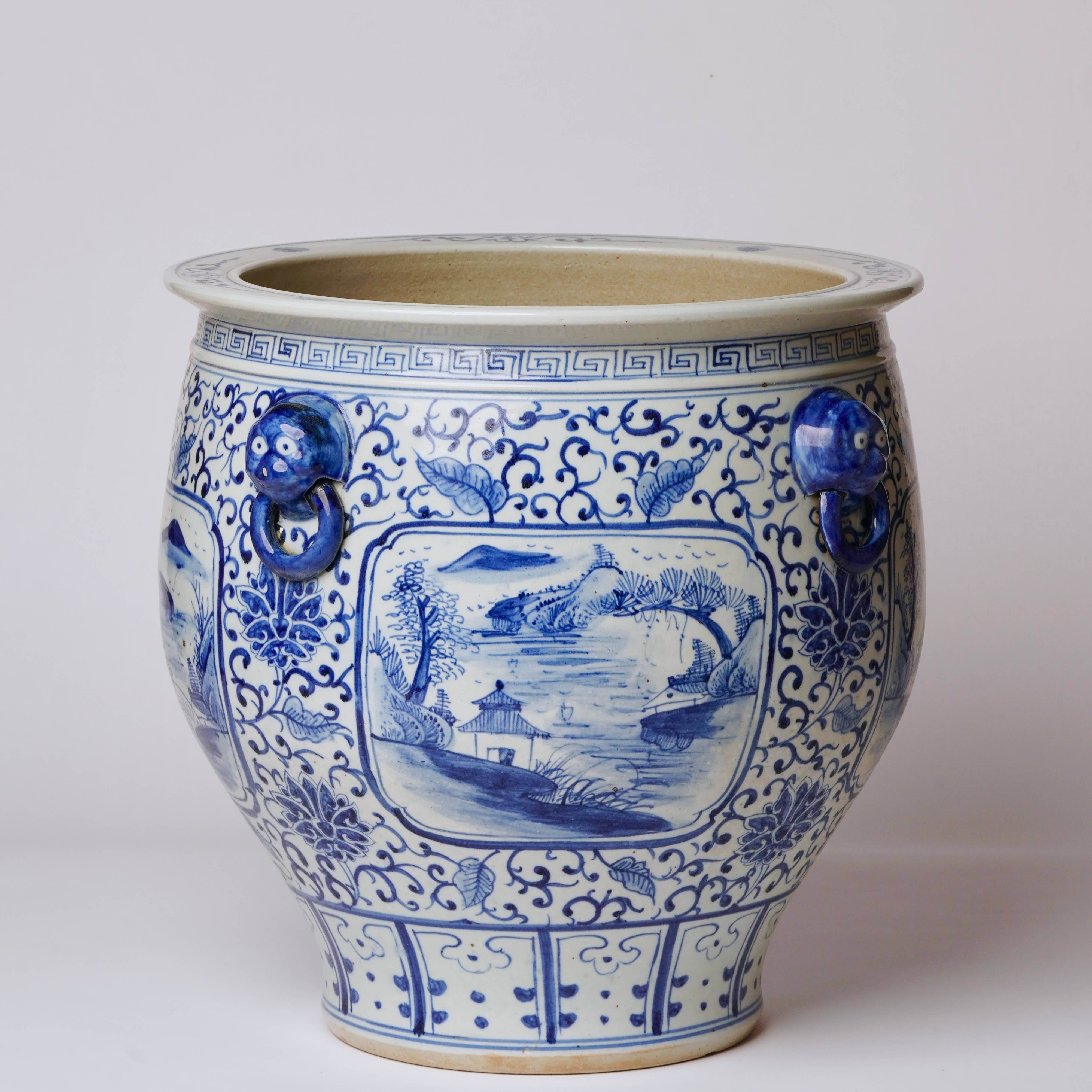 Blue and White Landscape Cartouche Porcelain Planter