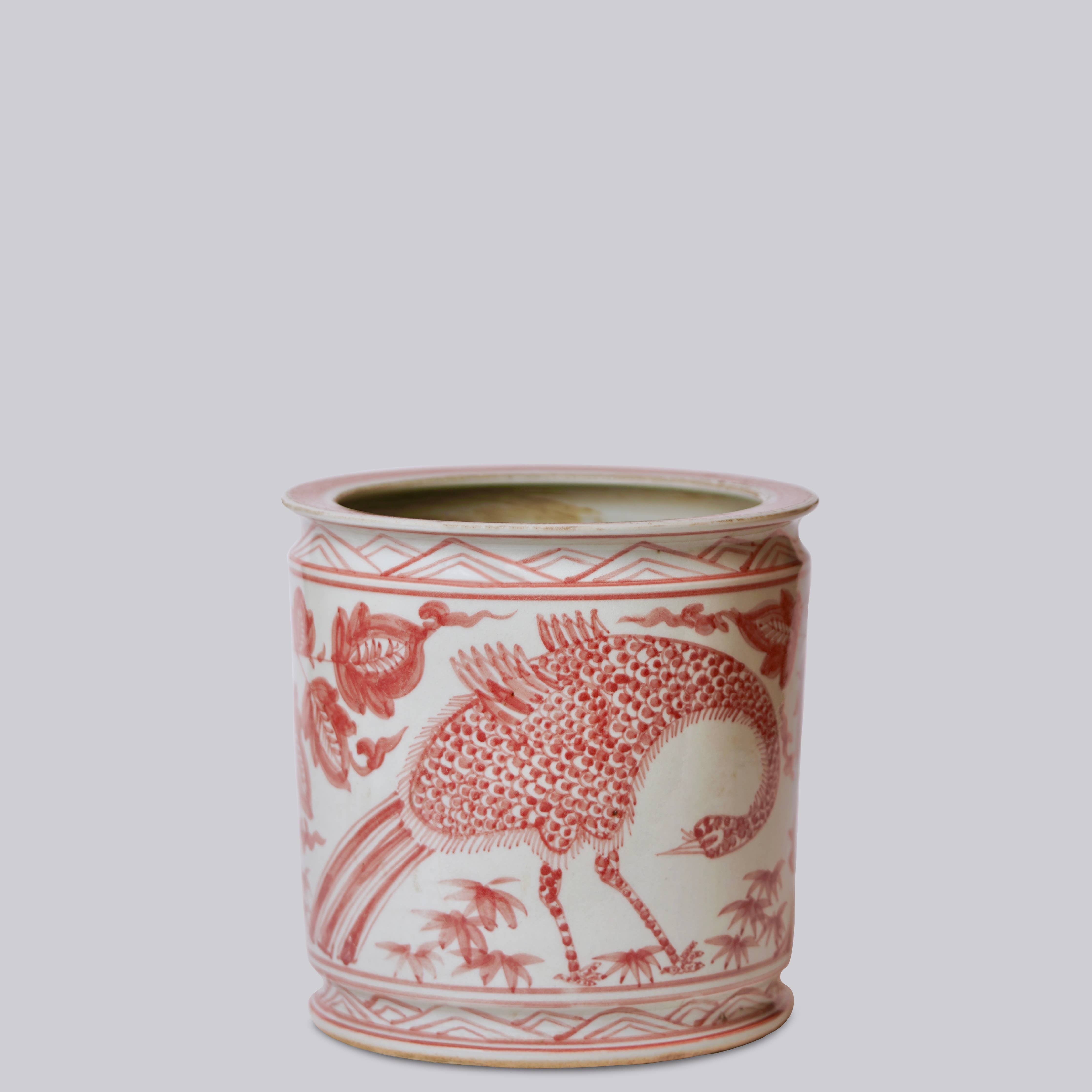 Dancing Crane Red and White Porcelain Cachepot