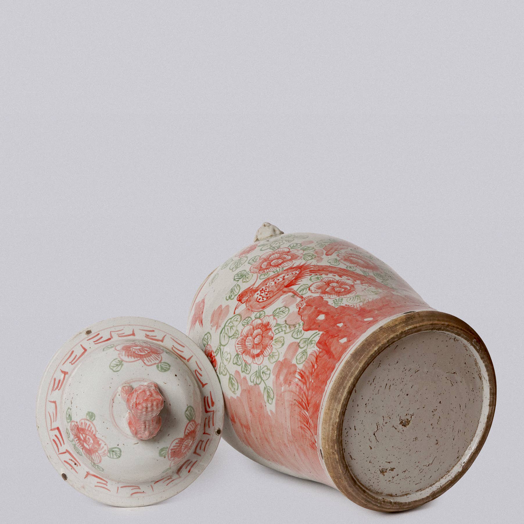 Extra Large Pink & Green Porcelain Bird & Flower Temple Jar