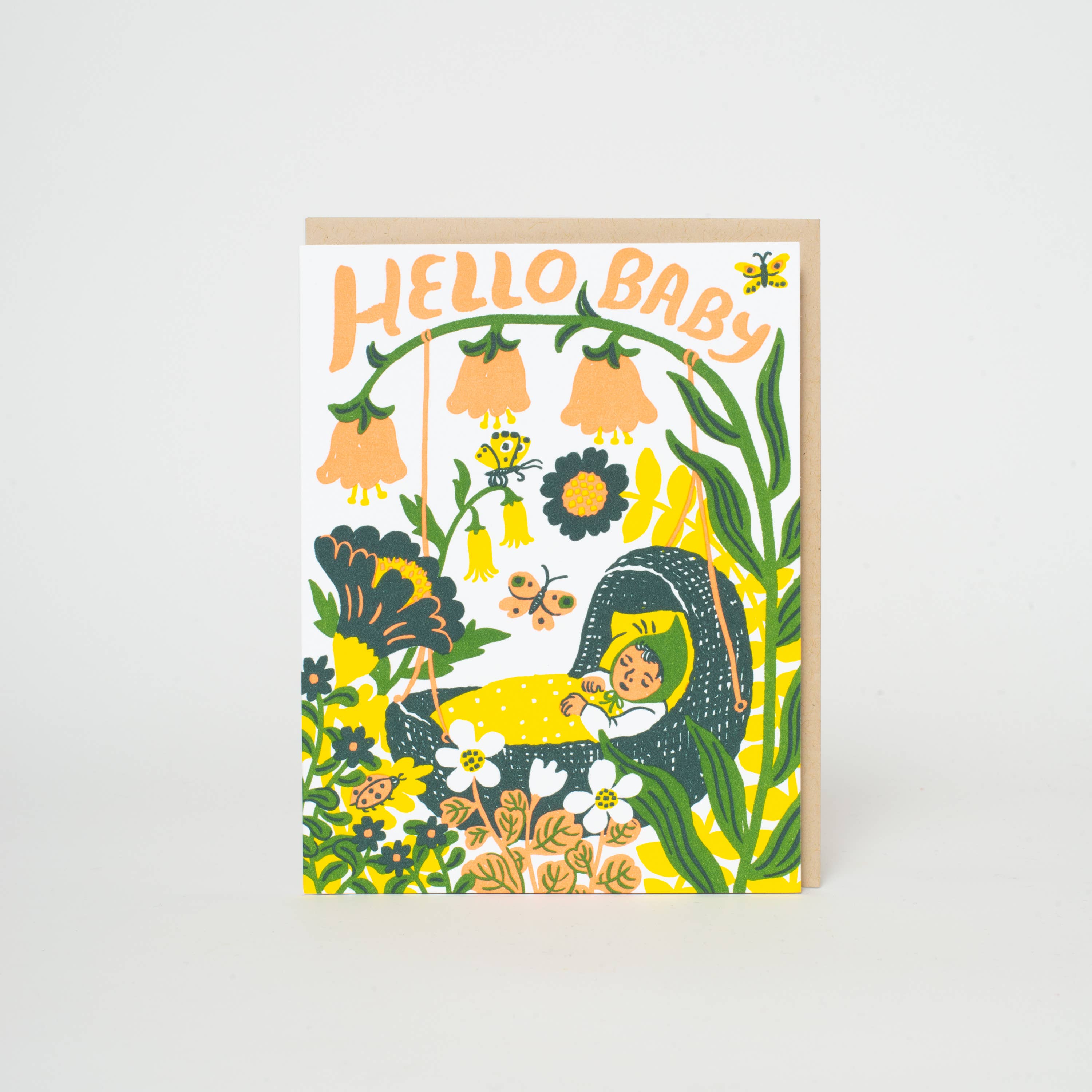 Hello Baby Bassinet (Yellow) Letterpress Greeting Card by Phoebe Wahl: Plastic sleeve