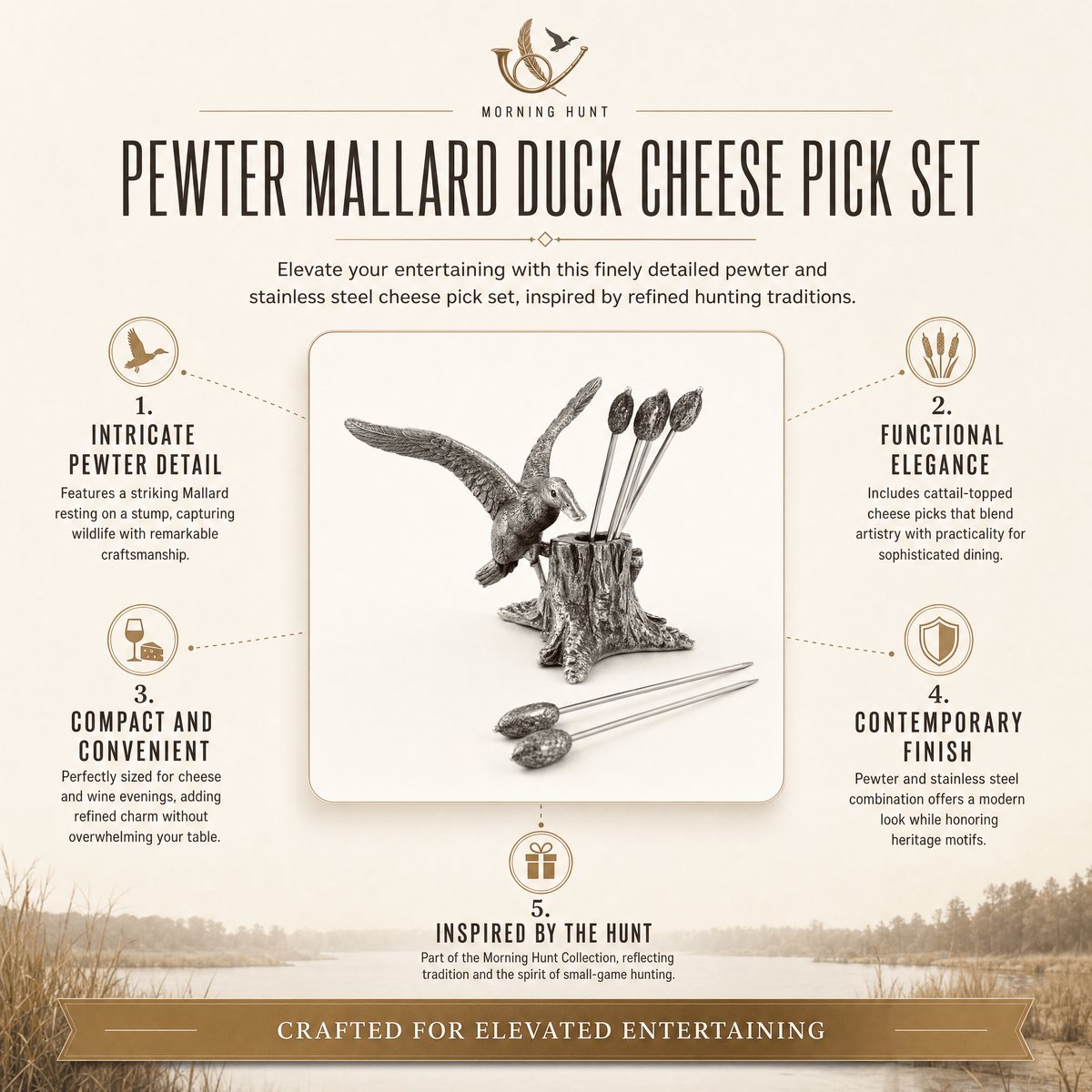 Pewter Mallard Duck Cheese Pick Set
