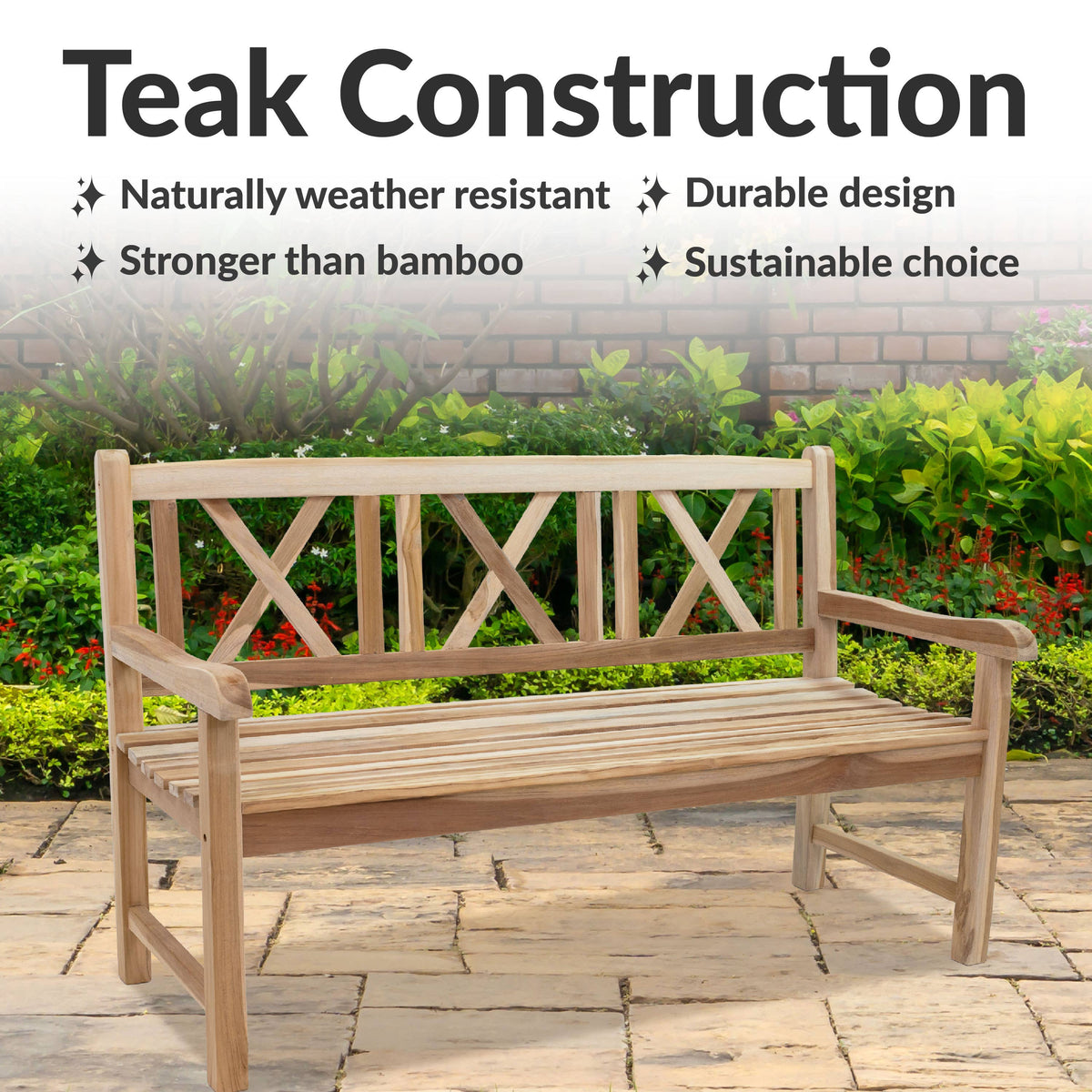 59-Inch Cross-Back Teak Patio Garden Bench with Backrest