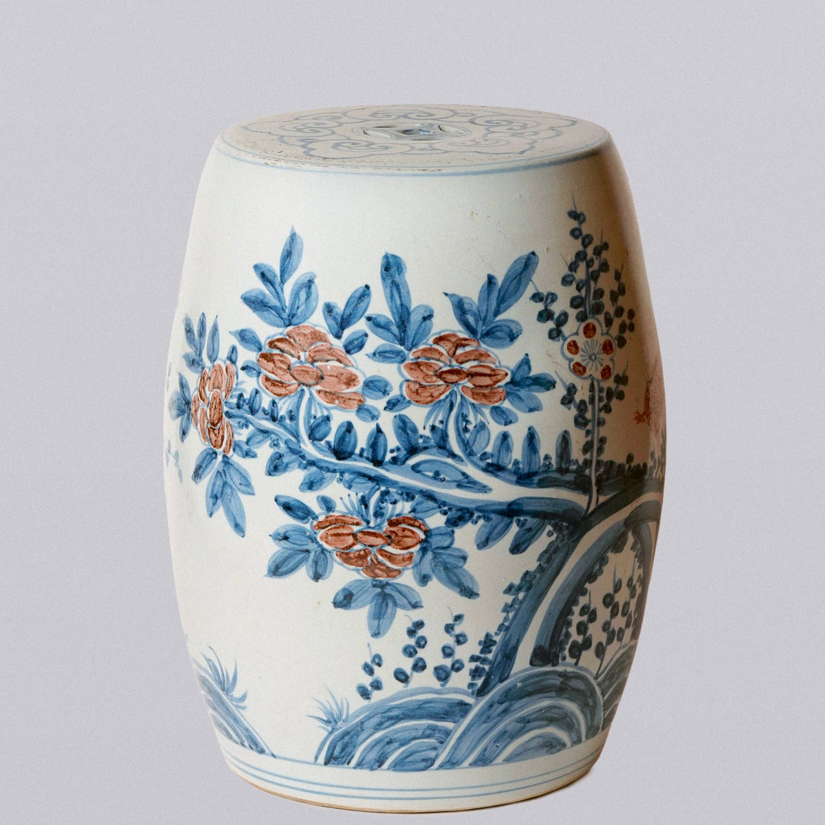 Red and Blue Porcelain Bird and Flower Garden Seat