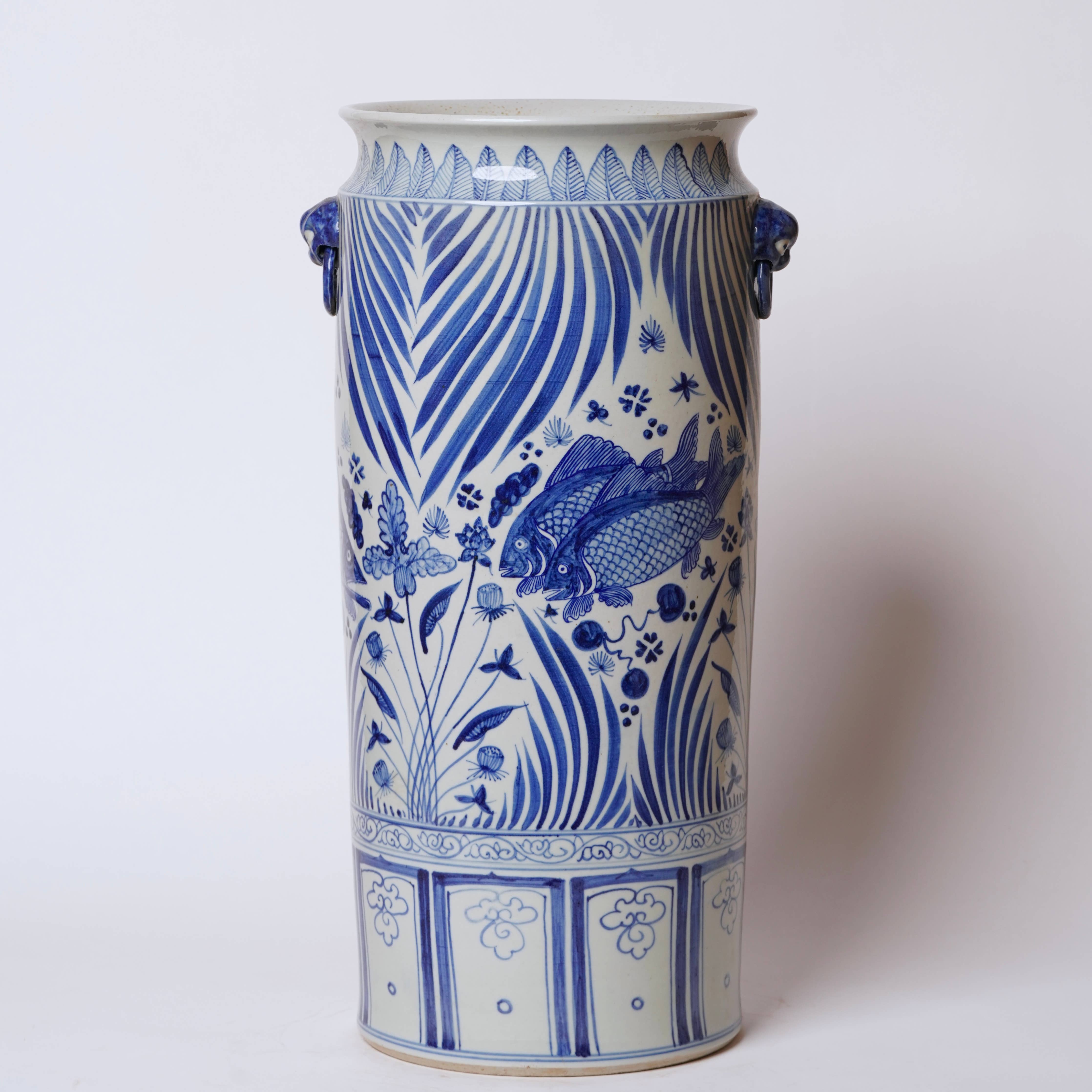 Tall Blue and White River Fish Porcelain Umbrella Stand