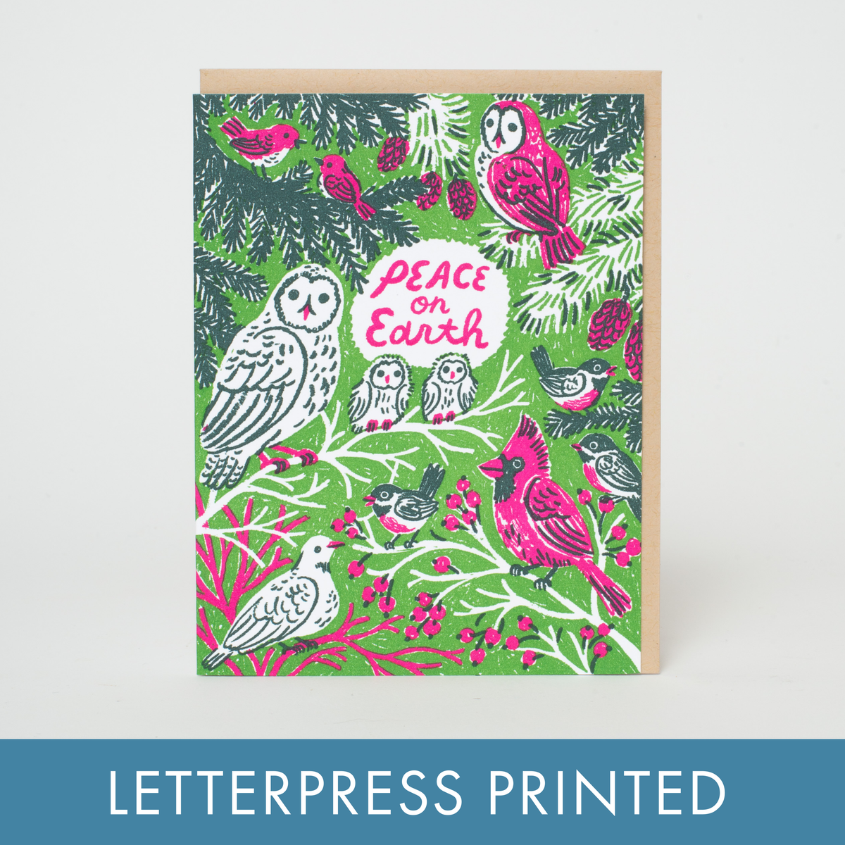 Peace Birds Letterpress Holiday Greeting Card by Phoebe Wahl: Plastic sleeve
