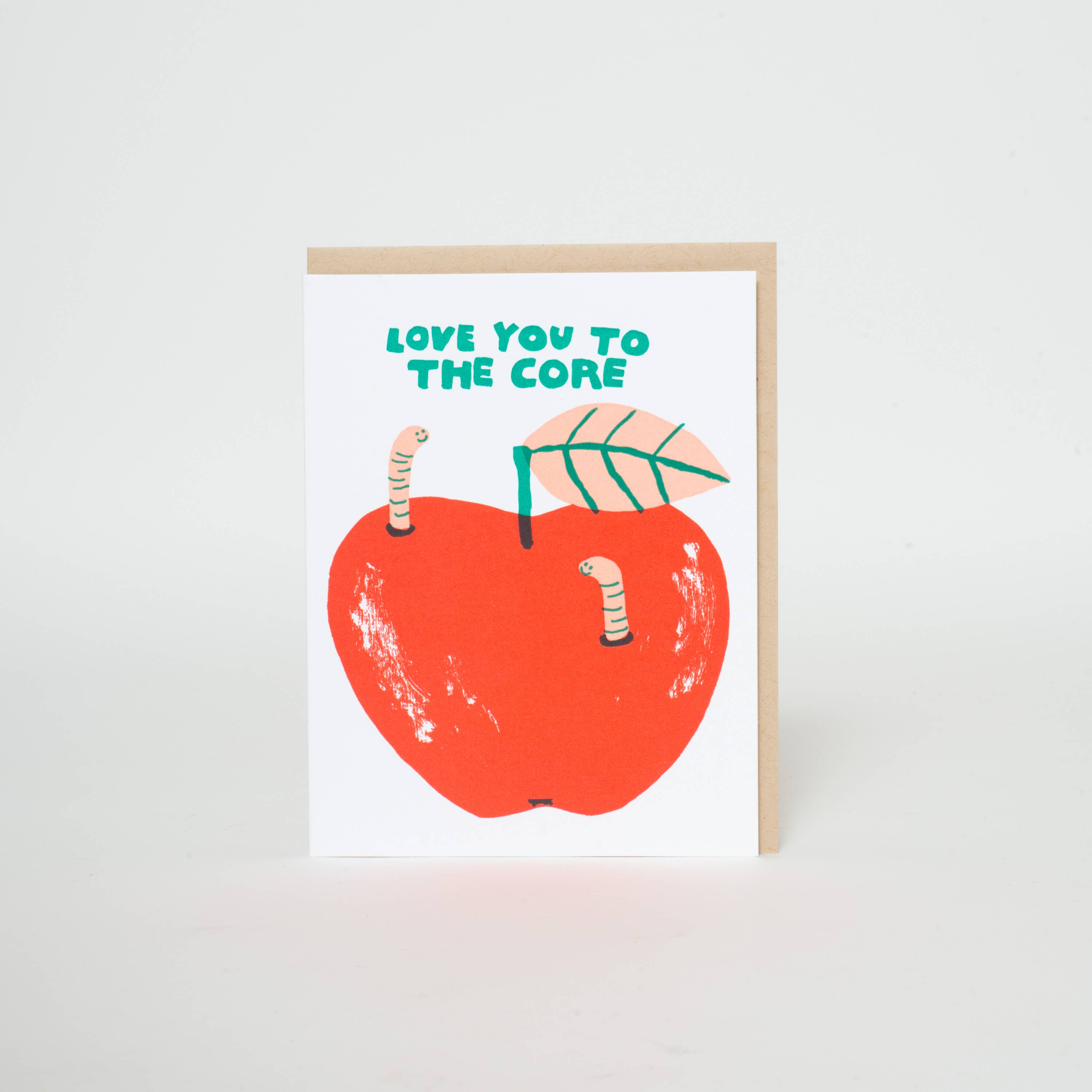 Love Apple Core Worms Letterpress Greeting Card by Egg Press: Plastic sleeve