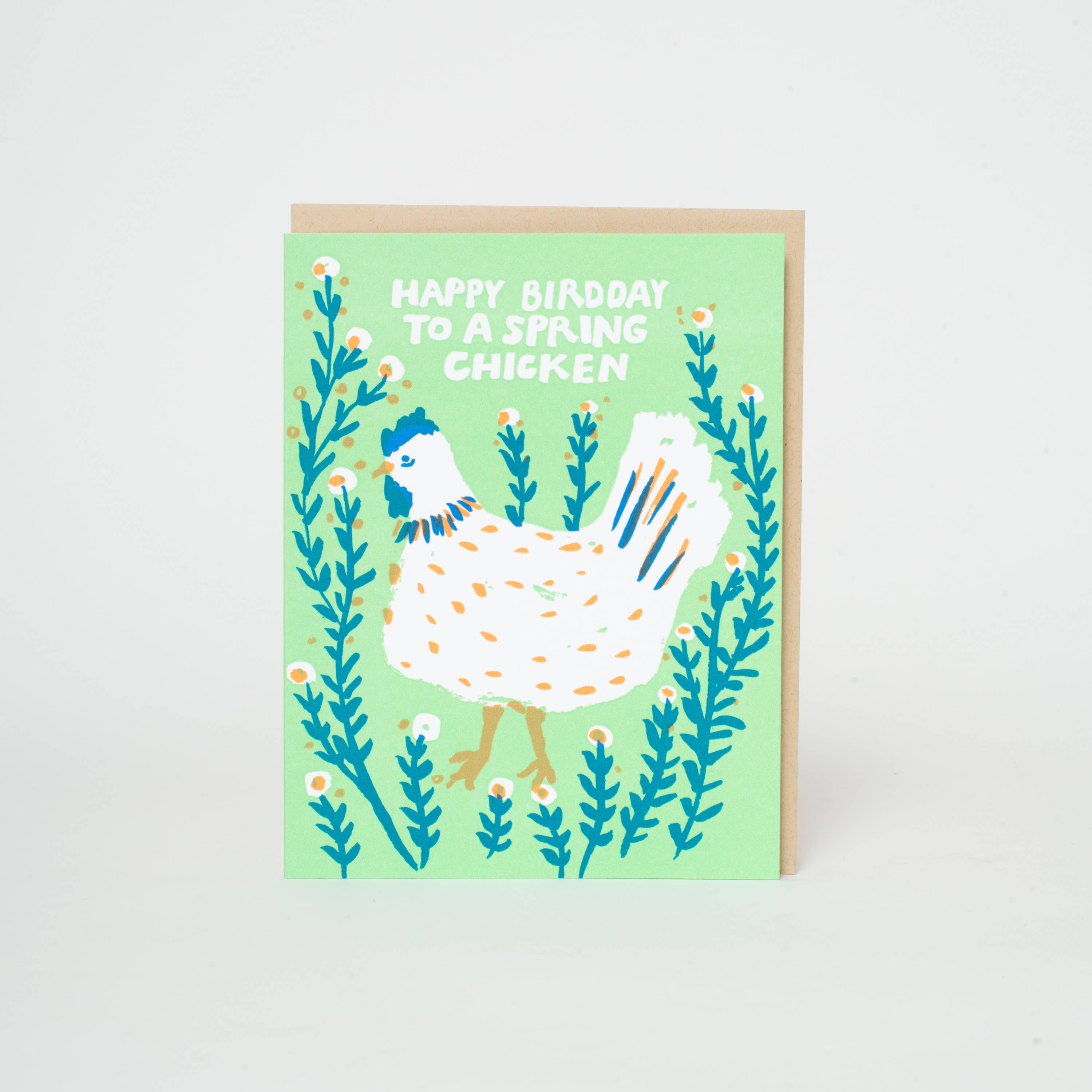 Spring Chicken Birthday Letterpress Greeting Card by Egg Press: Plastic sleeve