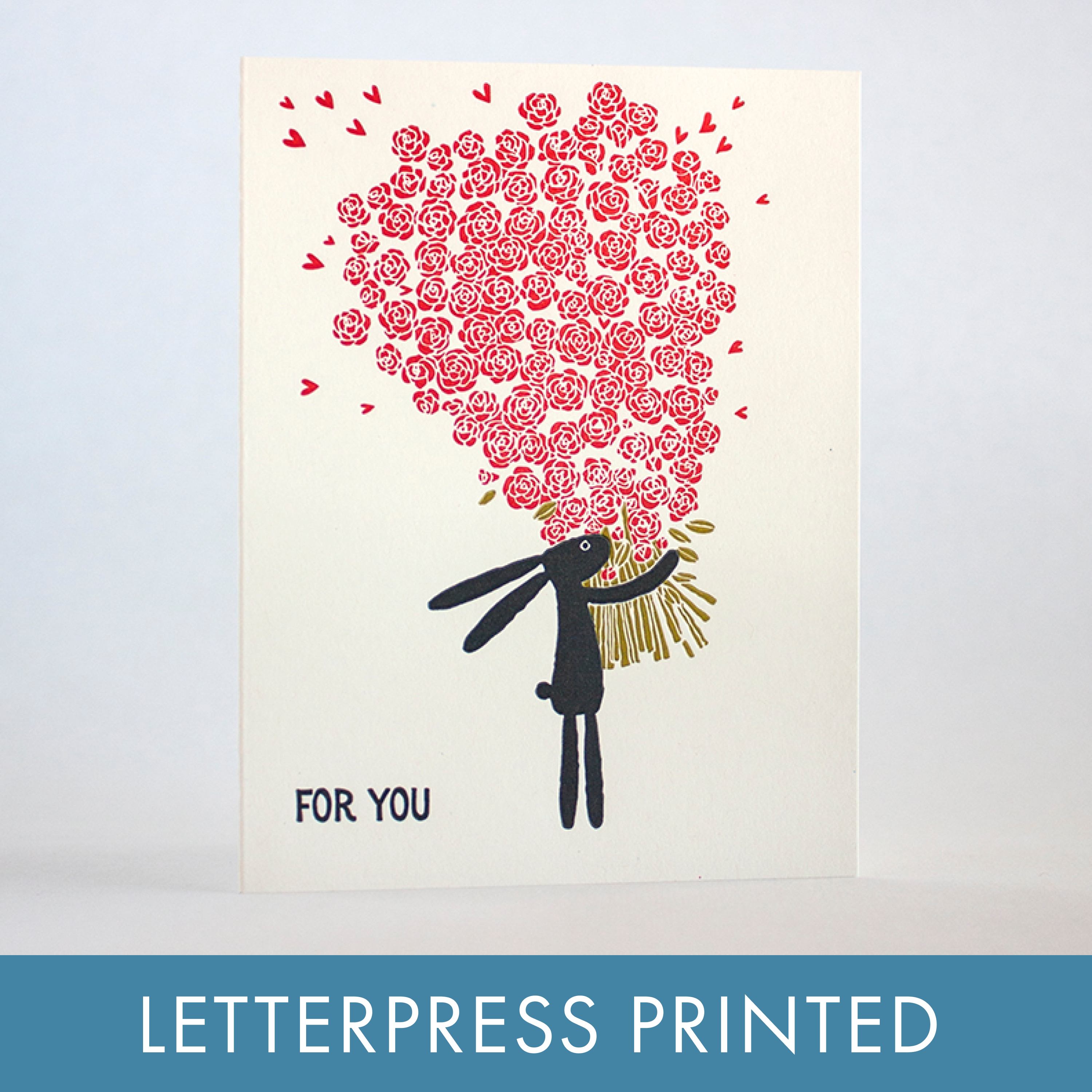 Bunny Flowers Letterpress Greeting Card by Fugu Fugu Press: Plastic sleeve