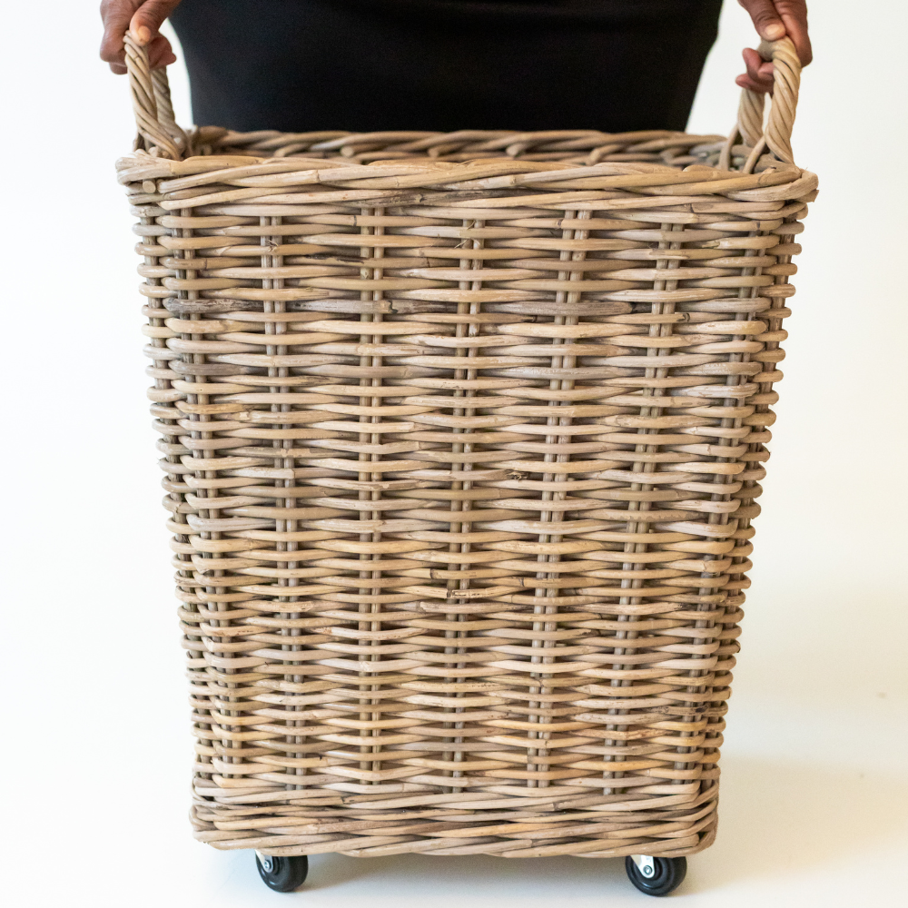 Rattan Square Storage Basket on Wheels: XLarge - 27" H
