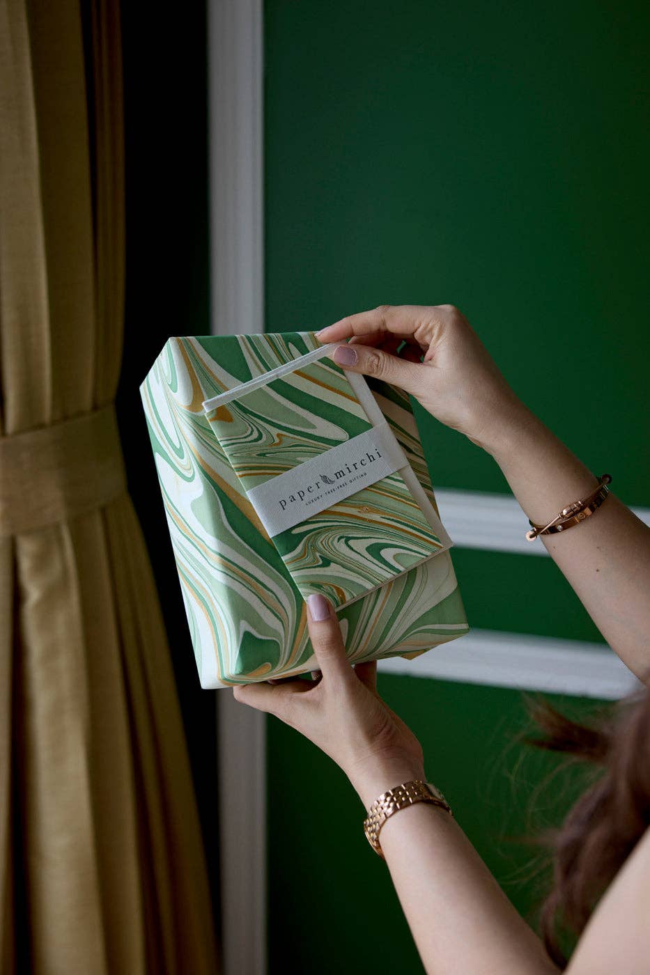 Hand Marbled Wrapping Paper Sheets - Waves Matcha